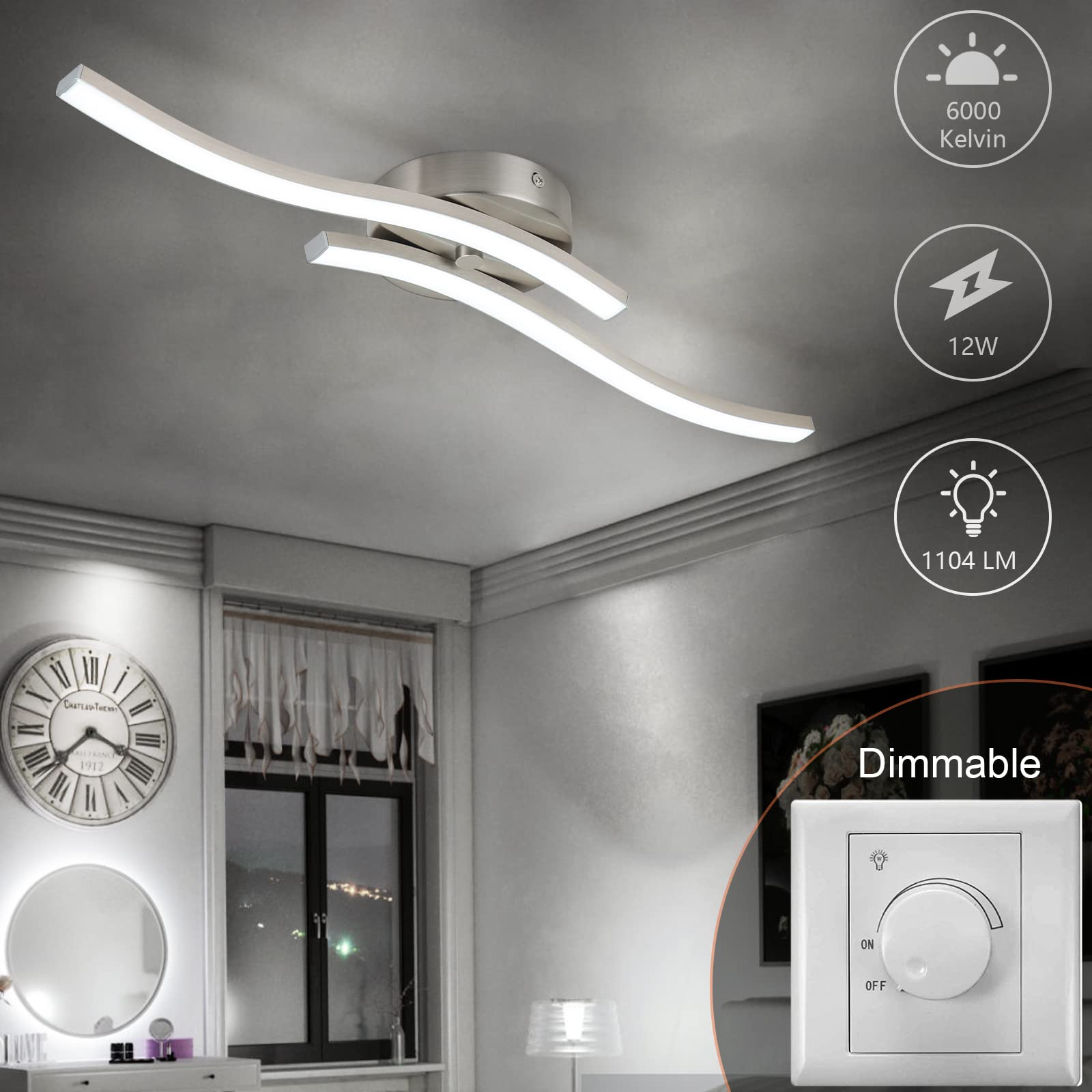 Edislive Modern Dimmable Led Ceiling Light Curved 2 Light 22.5 In Minimalist Led Flush Mount Ceiling Light Fixture Lamp For Bedr