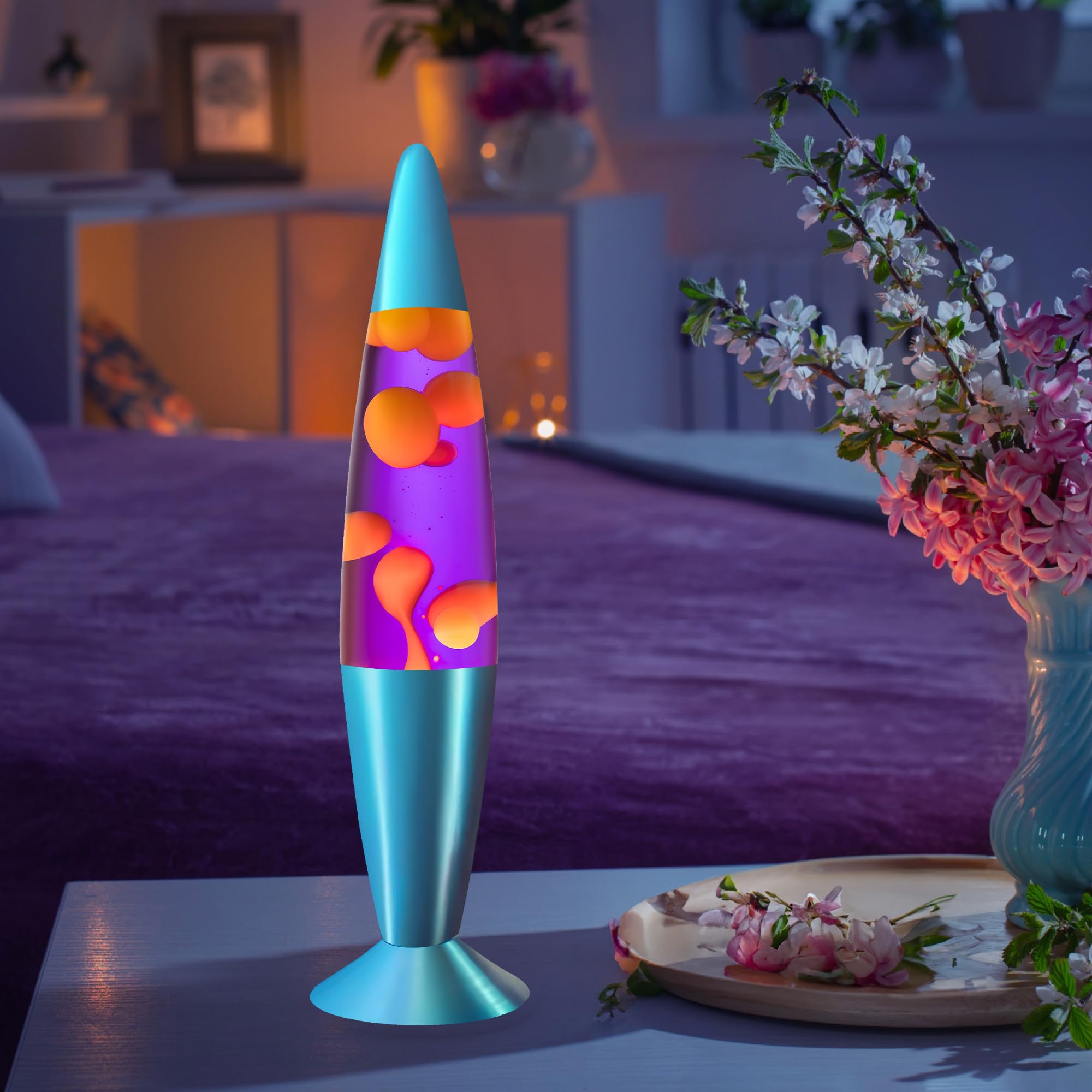 Jambo Liquid Motion Lamp - 16in Glass Lamp, Blue Base, Purple Liquid, Yellow Wax