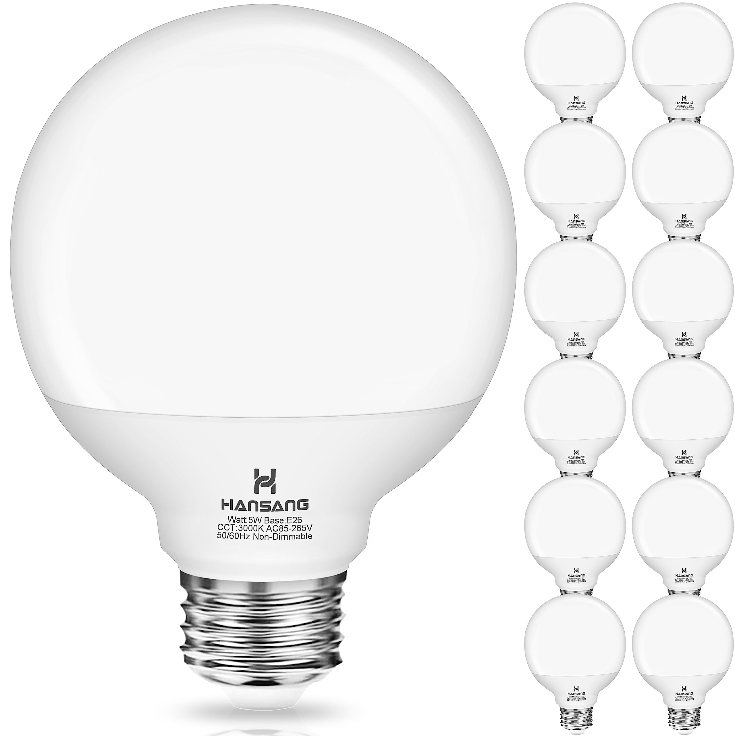 Hansang 12 Pack Vanity Light Bulbs For Bathroom, 3000K Soft White E26 Base Round Led Globe Bulb, 60W Equivalent, G25 Vanity Ligh