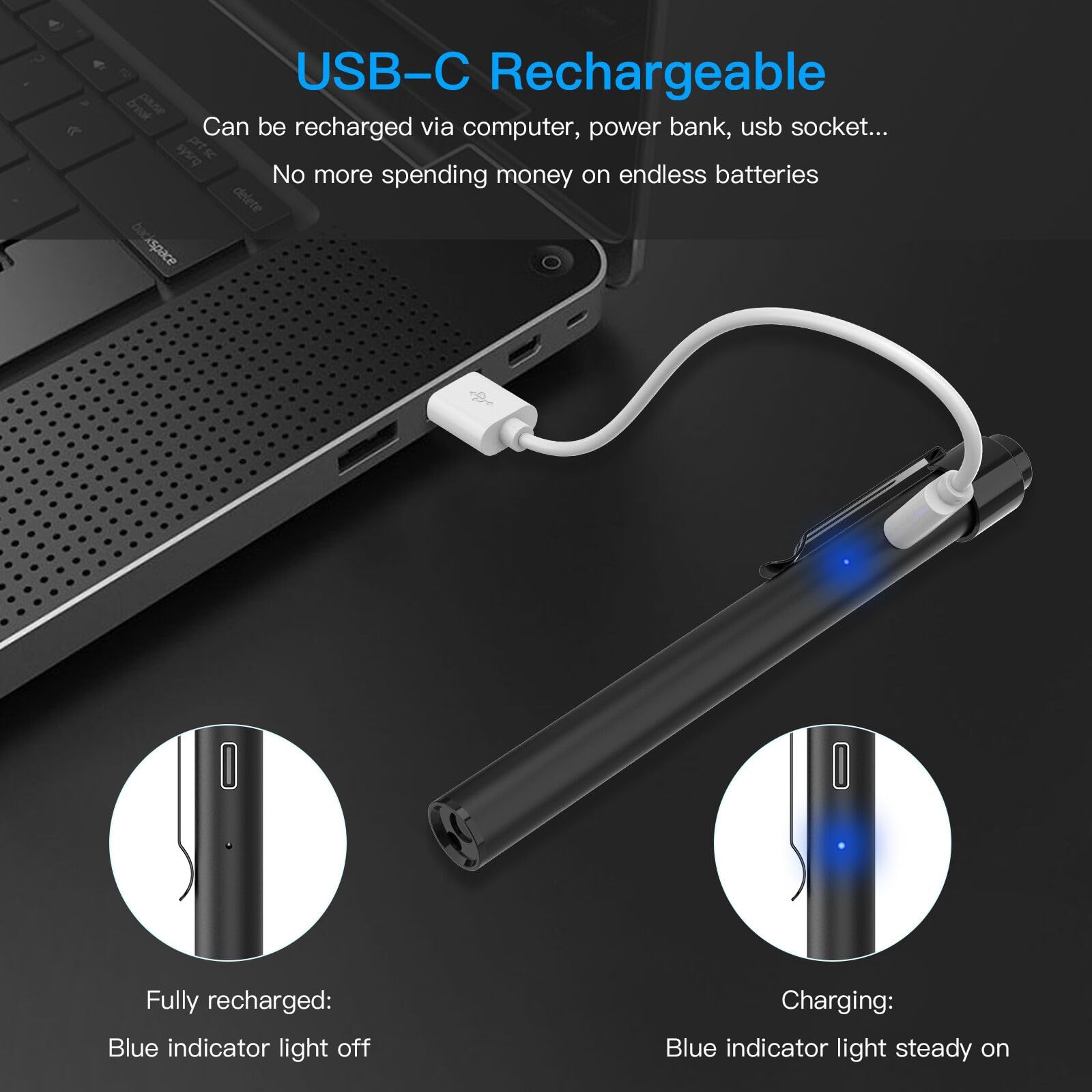 COSOOS Rechargeable Pen Lights - 2 Pack Mini LED Flashlights with Pupil Gauge & Ruler, USB-C, Stainless Steel, Warm/White Light