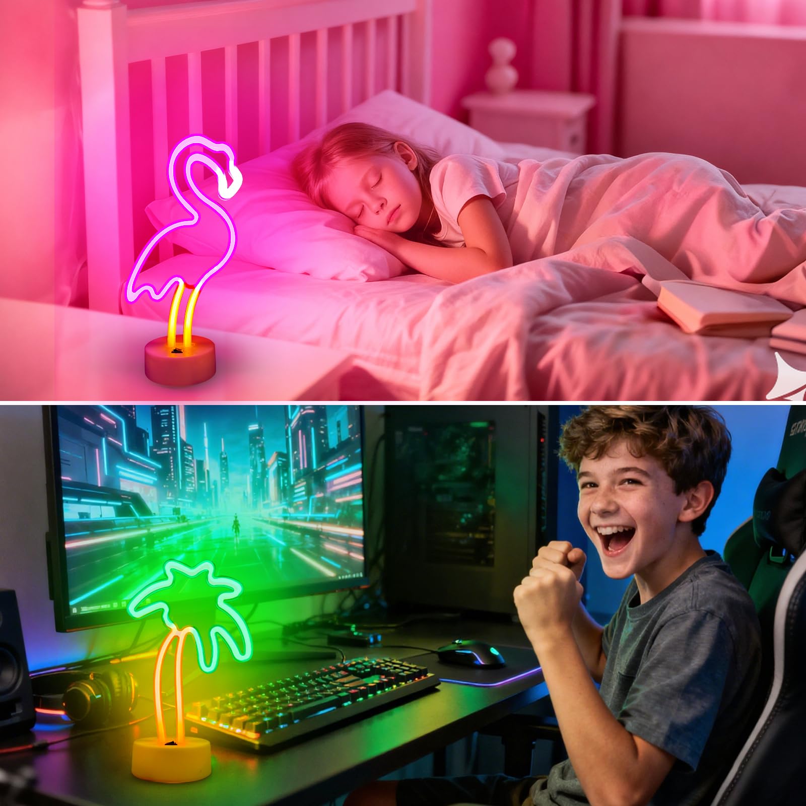 UrsaMajor Neon Signs 2 Pack - Pink Flamingo & Palm Tree, USB/Battery Powered, Energy Efficient Decor for Bedroom, Party, Office, Valentine Gifts