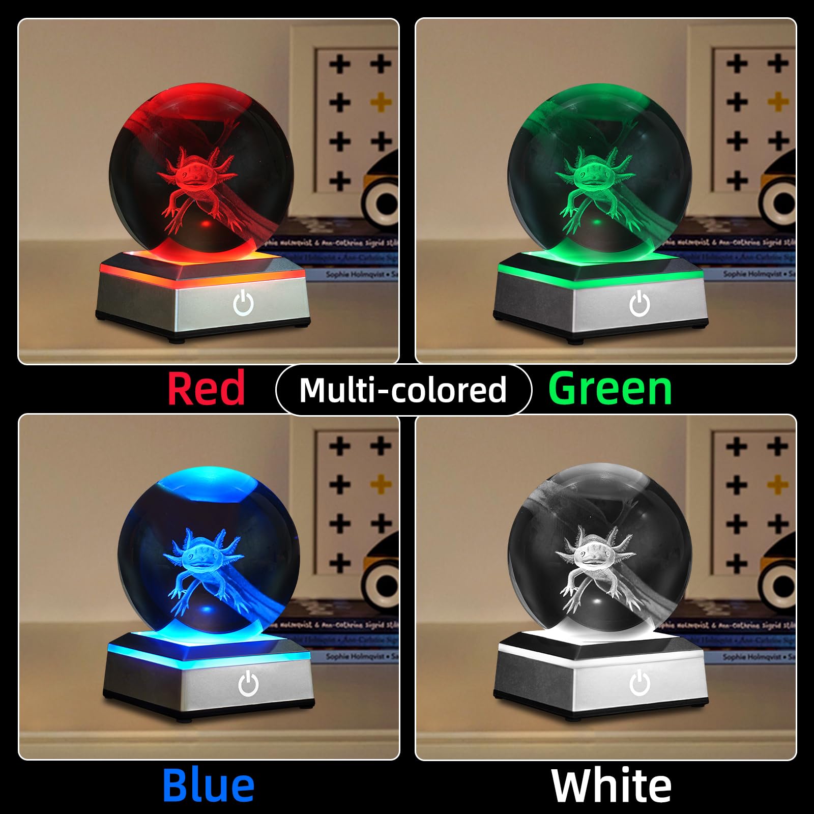3D Axolotl Crystal Ball Night Light 3.15 Inch Glass Ball Table Lamp With Color Changing Touch Base Decor Ideal Axolotls Gifts Fo