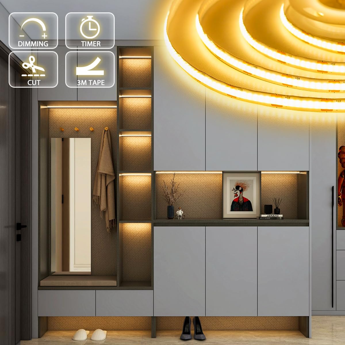 OMIKA COB LED Strip Lights, 6.56FT 640LED, 2700K Warm White, Battery Powered, Remote Control, Dimmable, Flexible, Cuttable