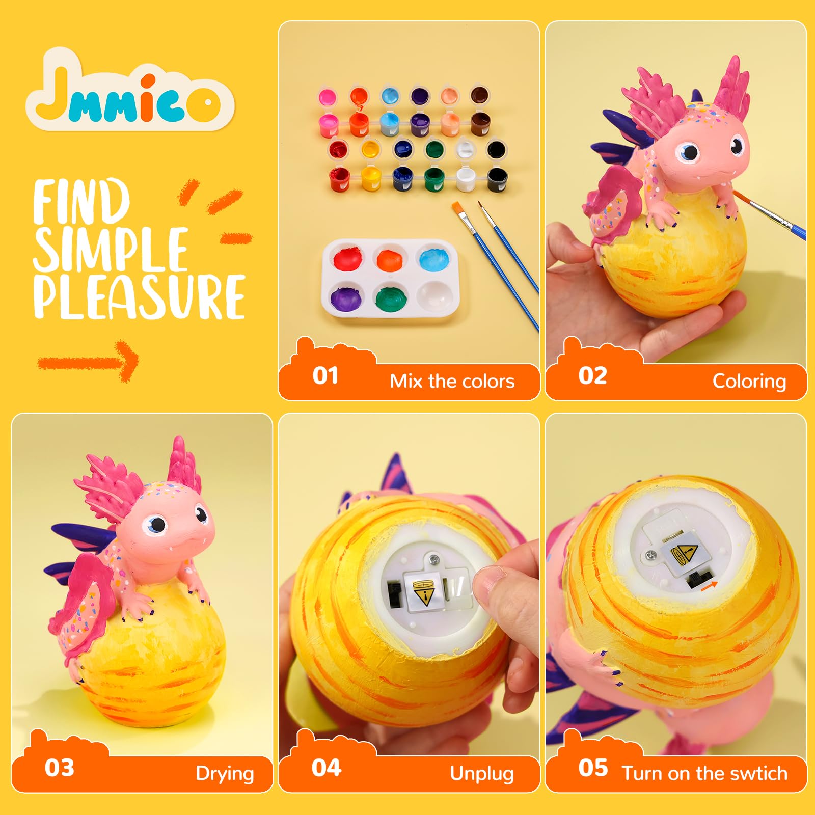 JMMICO Axolotl Lamp Kit - DIY Night Light for Kids Ages 4-12, Pink, Model E4-T002-1, Perfect Birthday & Christmas Gift