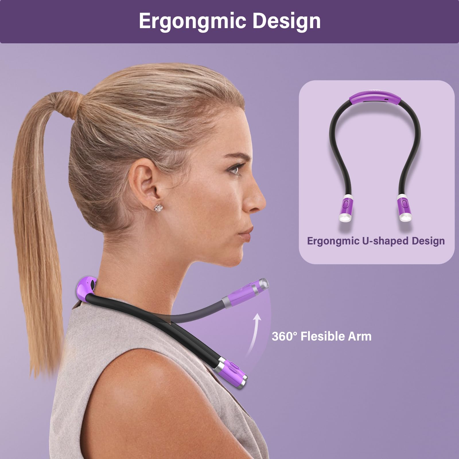 Vekkia Rechargeable LED Neck Reading Light, 3 Brightness Levels, Compact, Purple, Model 4LED-NL, Soft Silicone Arms for Comfort