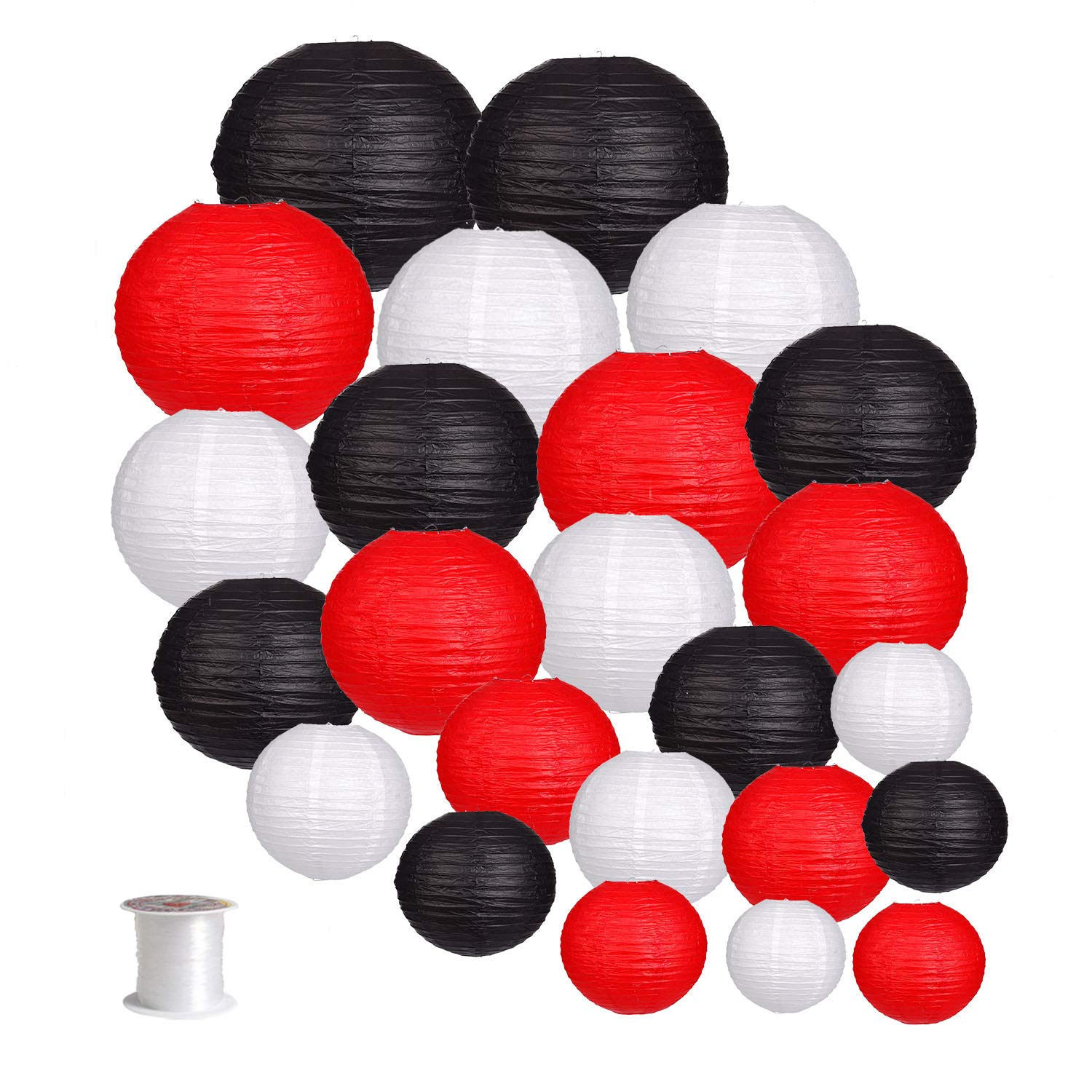 zilue 24pcs Round Paper Lanterns - Black/Red - Paper Decoration for Wedding, Birthday, Baby Showers - Model PL100303