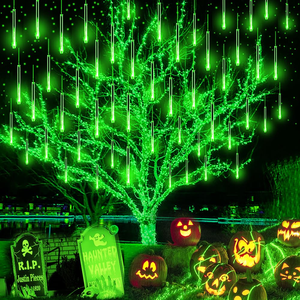 Halloween Decorations Outside, Purtuemy Meteor Shower Lights 12 inch 8 Tubes Icicle Halloween String Lights for Halloween Christmas Decorations Tree Party Yard Outdoor, UL Plug, Green Christmas Lights