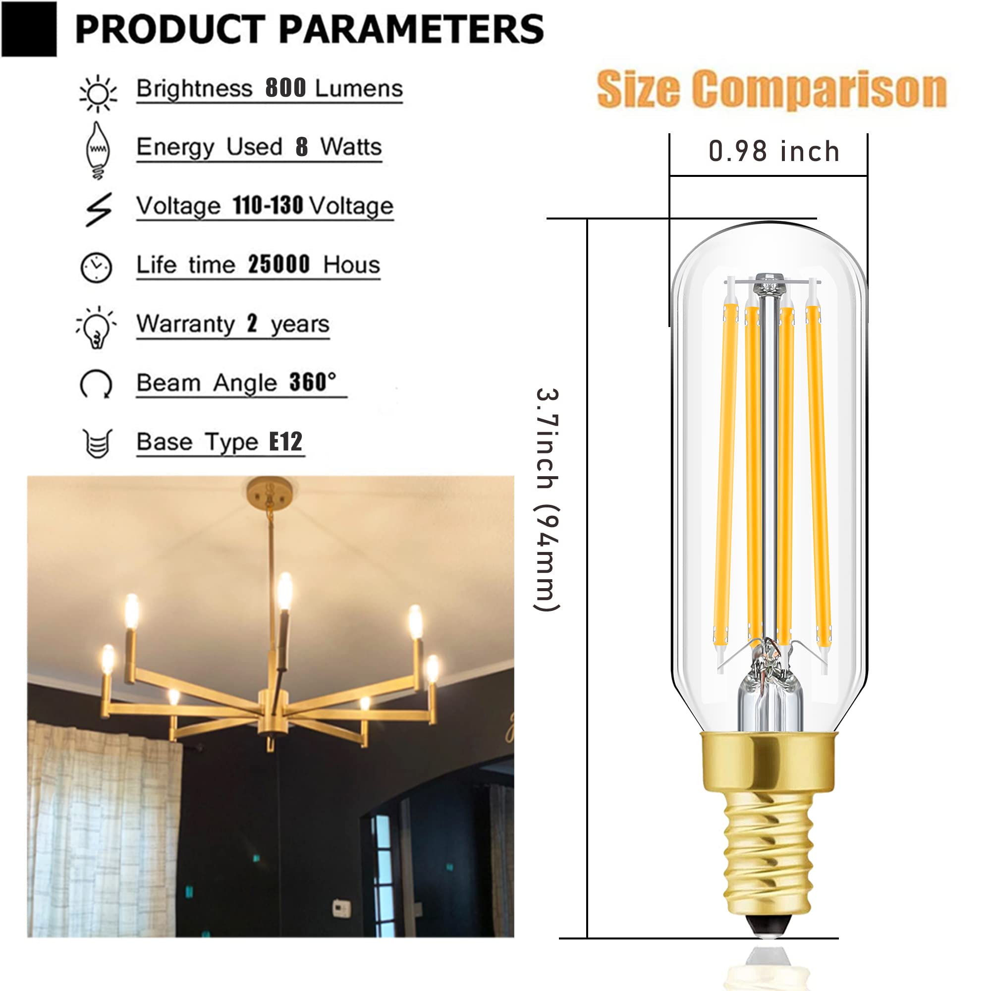 Dimmable T6 Led Bulbs, 8W E12 Edison Light Bulbs Soft White 3000K,800Lm, 100W Candelabra Incandescent Bulbs Equivalent Vintage L