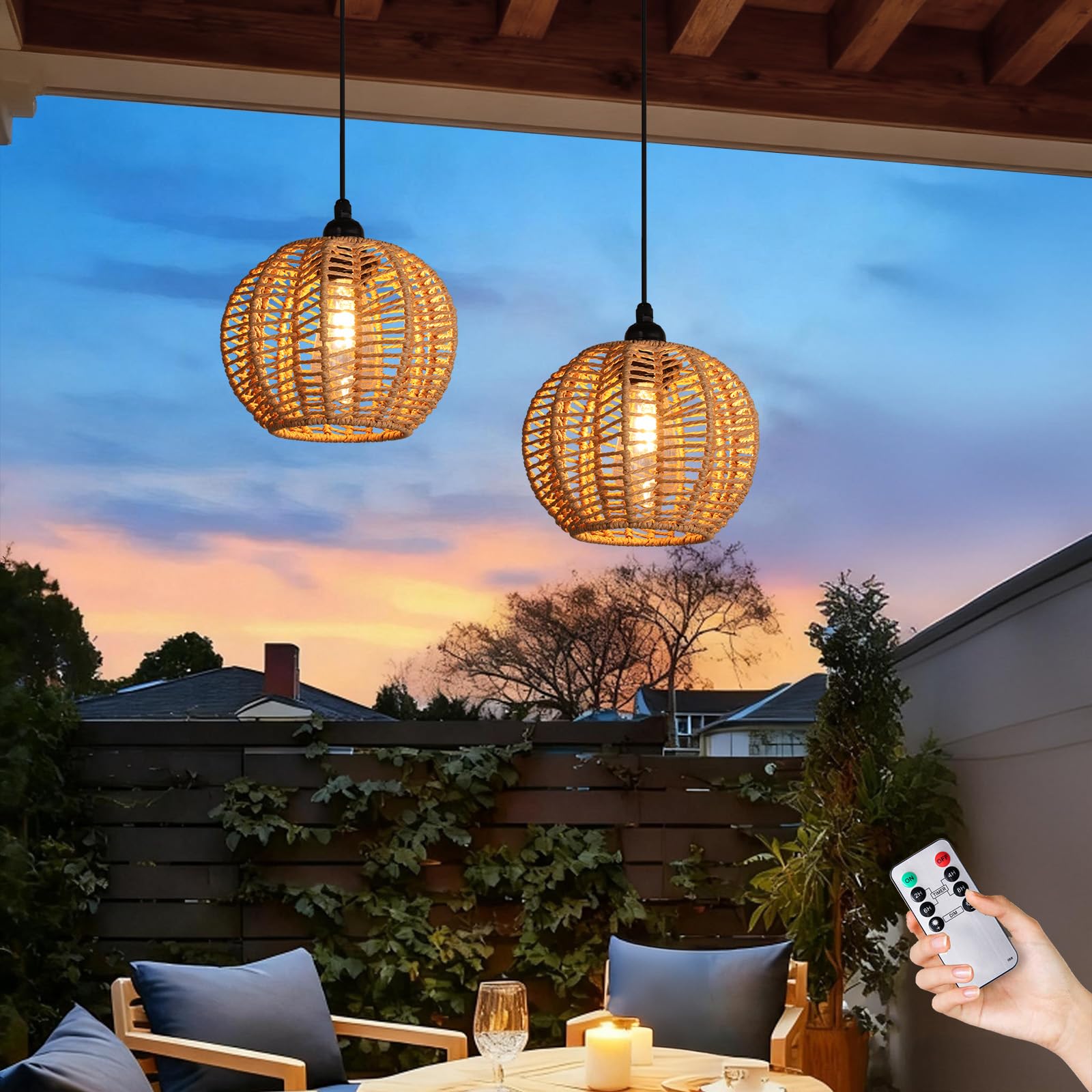 TWINKVILLA Battery Operated Chandelier, 2Pack Hanging Gazebo Lights, Cactus Shape Boho Rattan Pendant Lights Outdoor Waterproof 