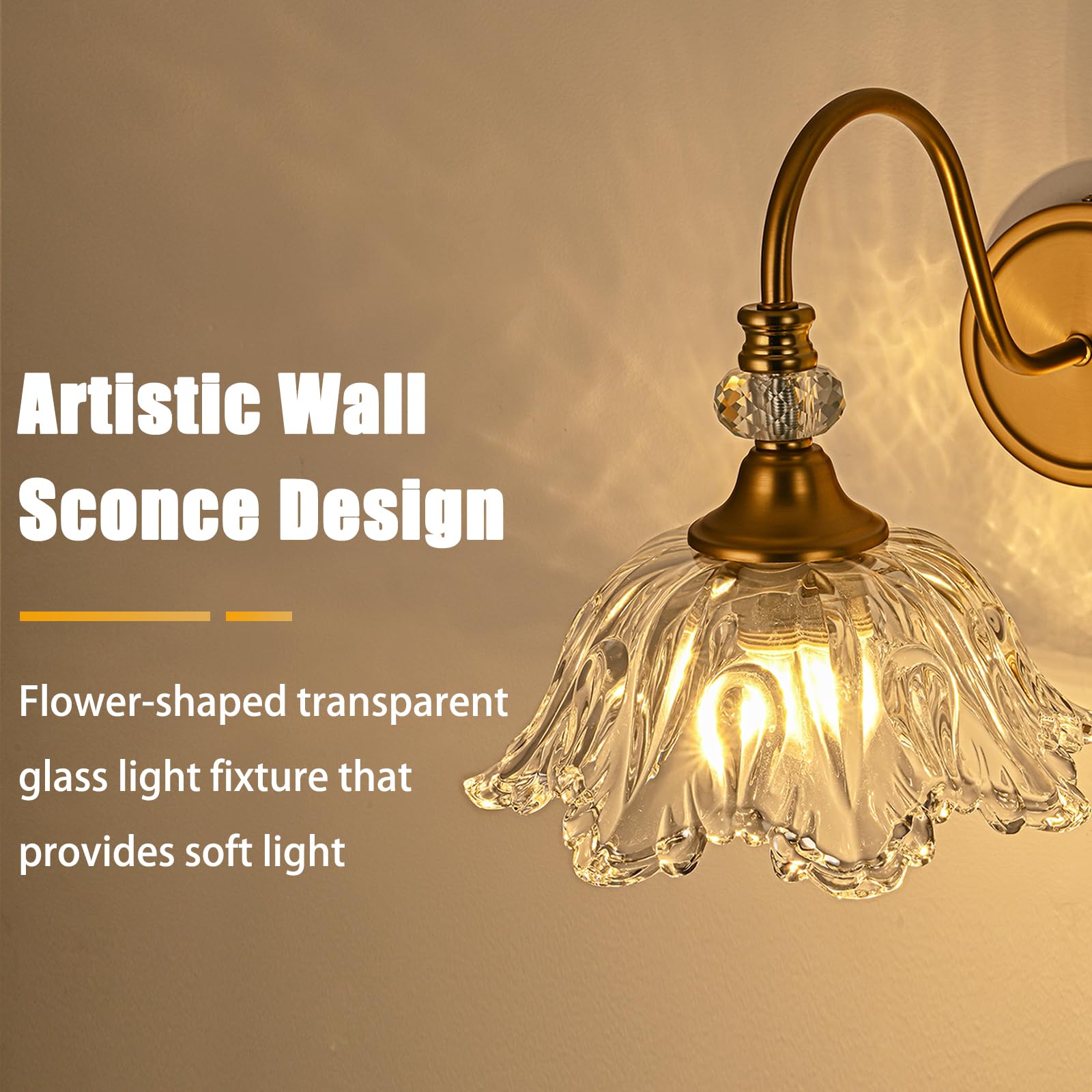 Sunkryster 1 Piece Vintage Wall Sconce With Floral Clear Glass Shade  Matte Brass Finish Wall Mount Lighting For Bathroom Vintage Bathroom Vanity Light Fixtures