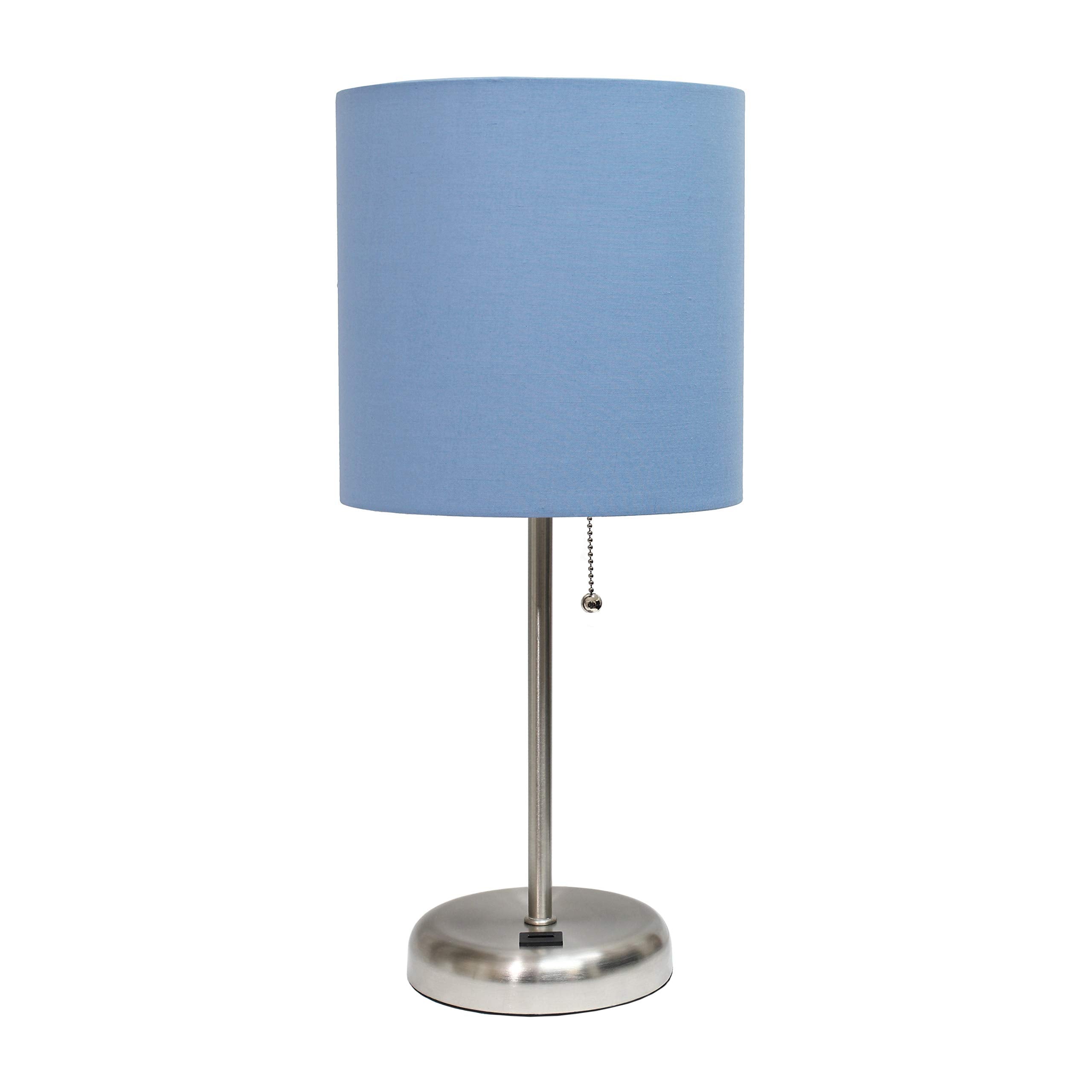 Simple Designs Lt2044-Blu Brushed Steel Stick Table Desk Lamp With Usb Charging Port And Drum Fabric Shade, Blue Shade