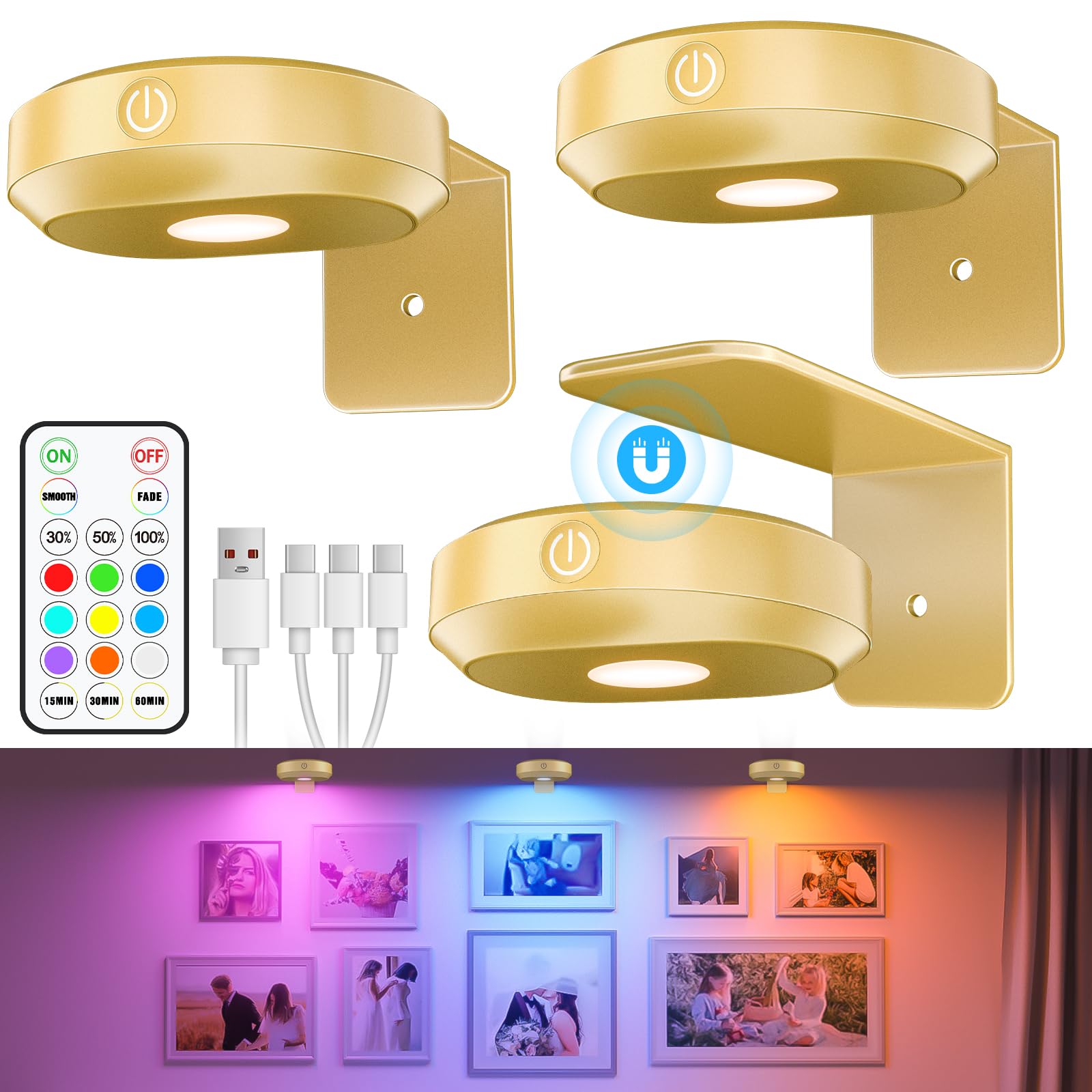 WILLED Poster Lights, RGB Art Display Lighting, Rechargeable Wireless, Model WUS-049, Gold RGB, Wide Beam