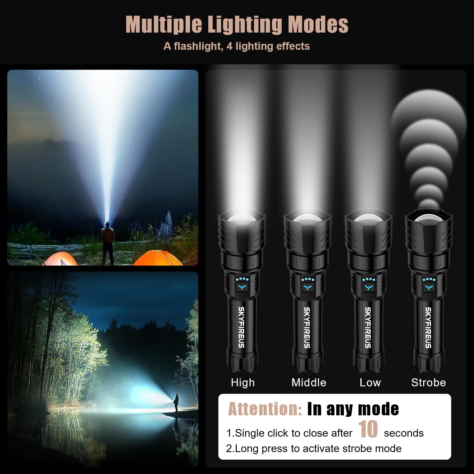 SKYFIRE 2000lm LED Flashlight - Rechargeable, Zoomable, Waterproof, Black, Model 1097, Ideal for Camping and Emergencies