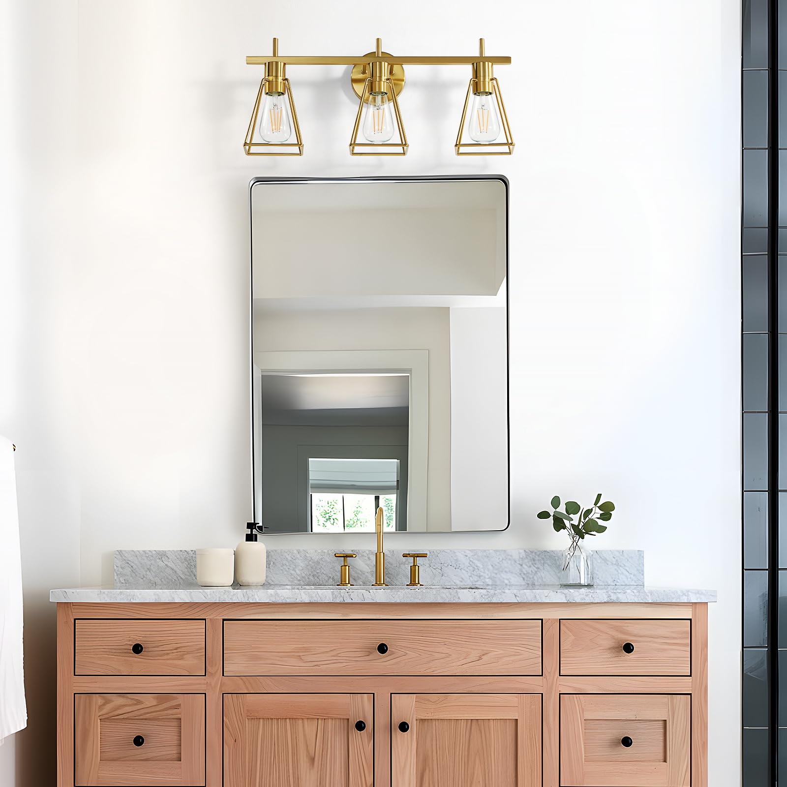 HAHZT 3-Light Industrial Bathroom Vanity Lights, Brushed Gold Metal Cage Wall Lamps, Rustic Fixture for Mirrors & Hallway, Model 8065ML