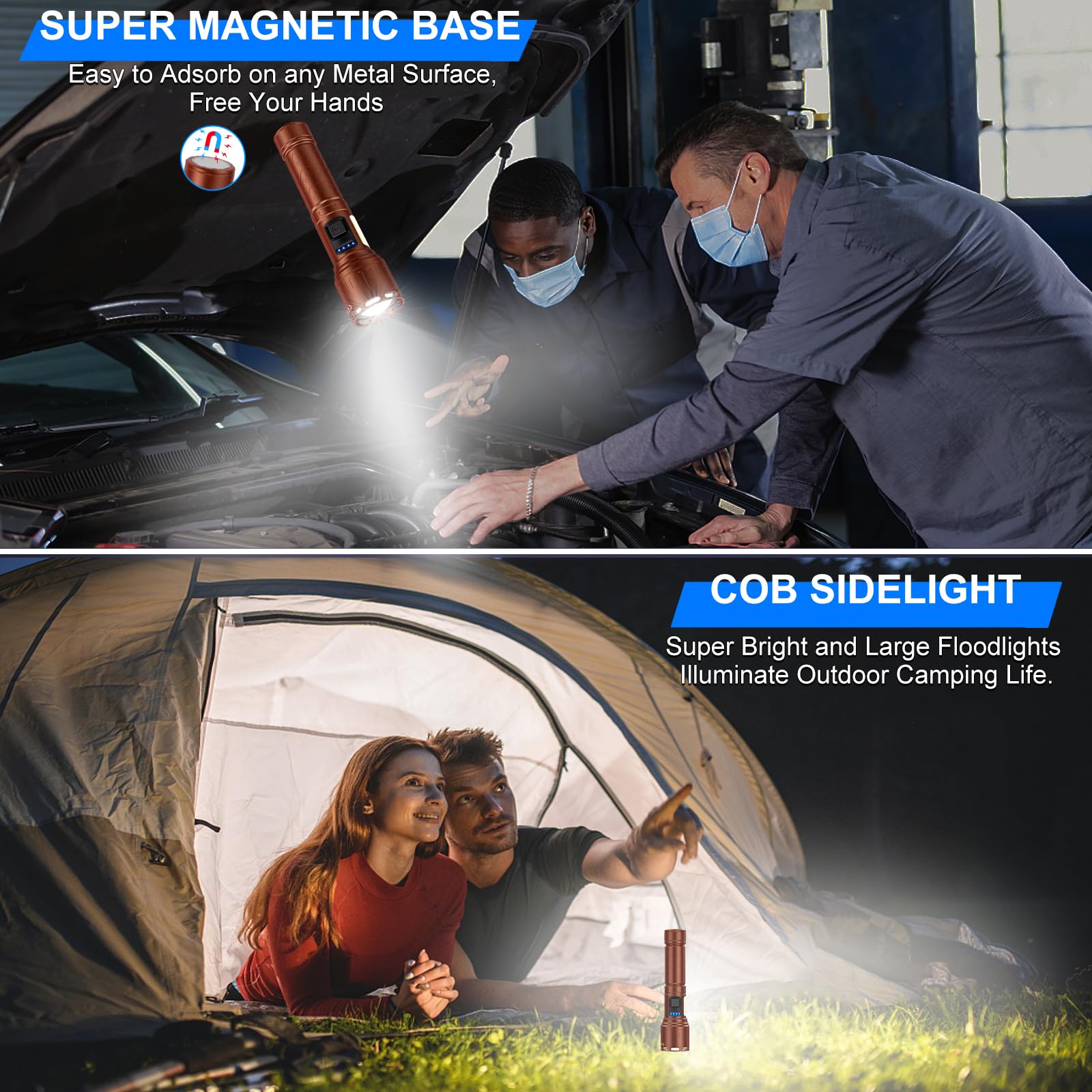 Banral Rechargeable Magnetic Flashlights 100,000 Lumens, 8 Modes, Waterproof, Aluminum, Brown, Model K-2303-B, 2 Pack with Leather Box