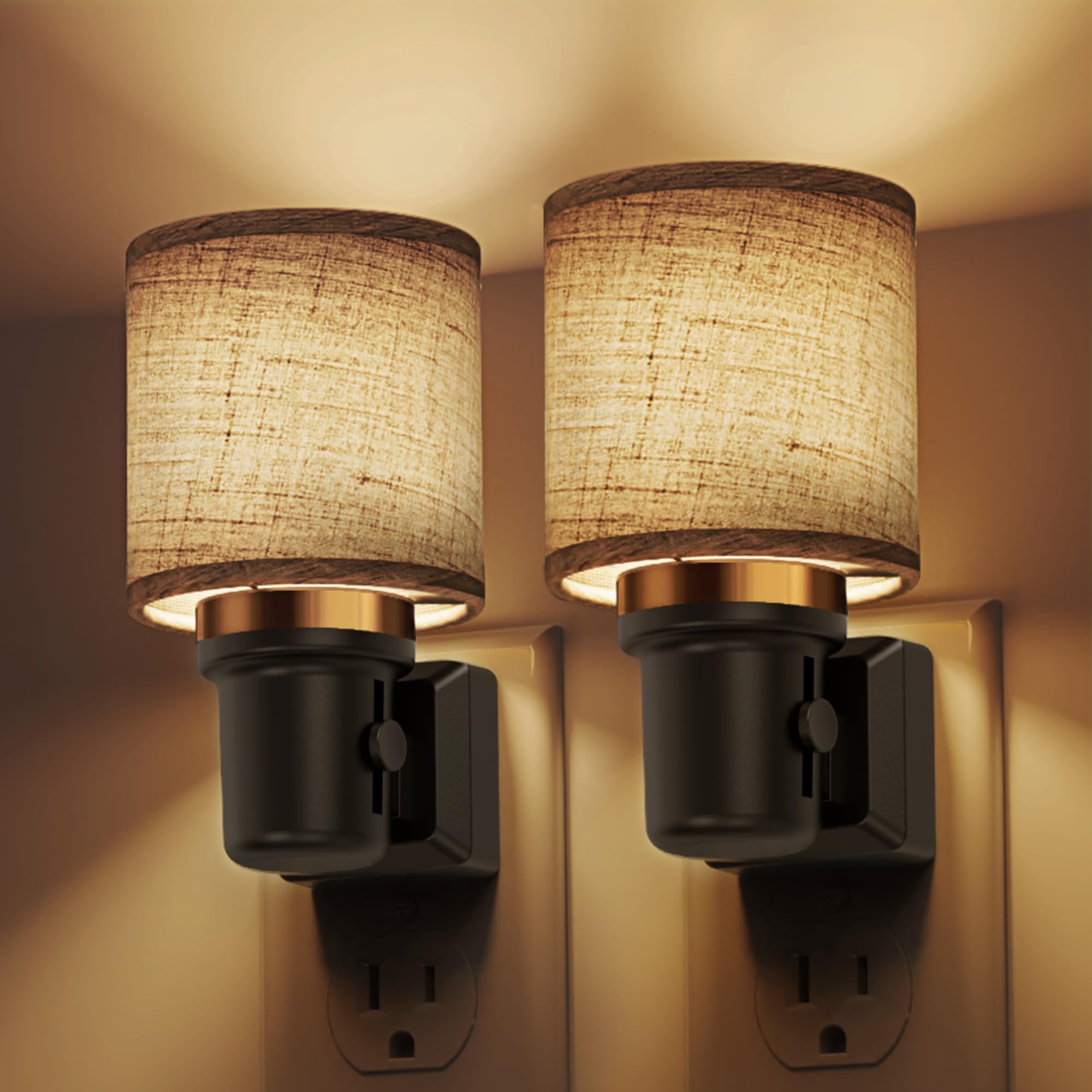 L LOHAS LED Night Lights Plug into Wall, 2 Pack Linen Fabric Cylinder Decor Night Light, Dusk to Dawn Sensor Vintage Nightlight,