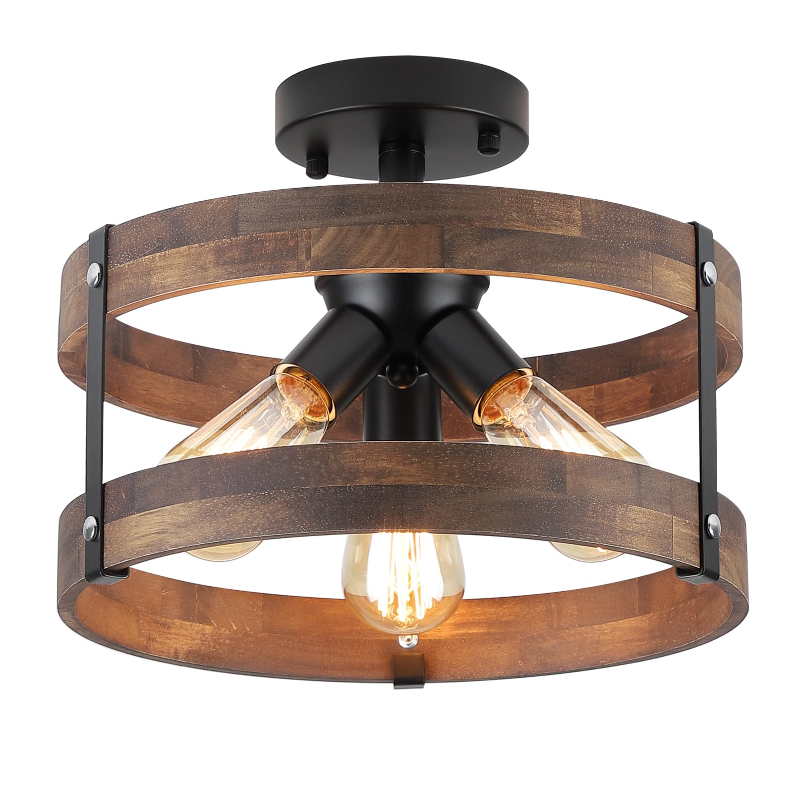 3-Light Rustic Farmhouse Wood Flush Mount Ceiling Light Fixture Oak Wood Round Drum Semi Flush Mount Ceiling Light for Hallway H