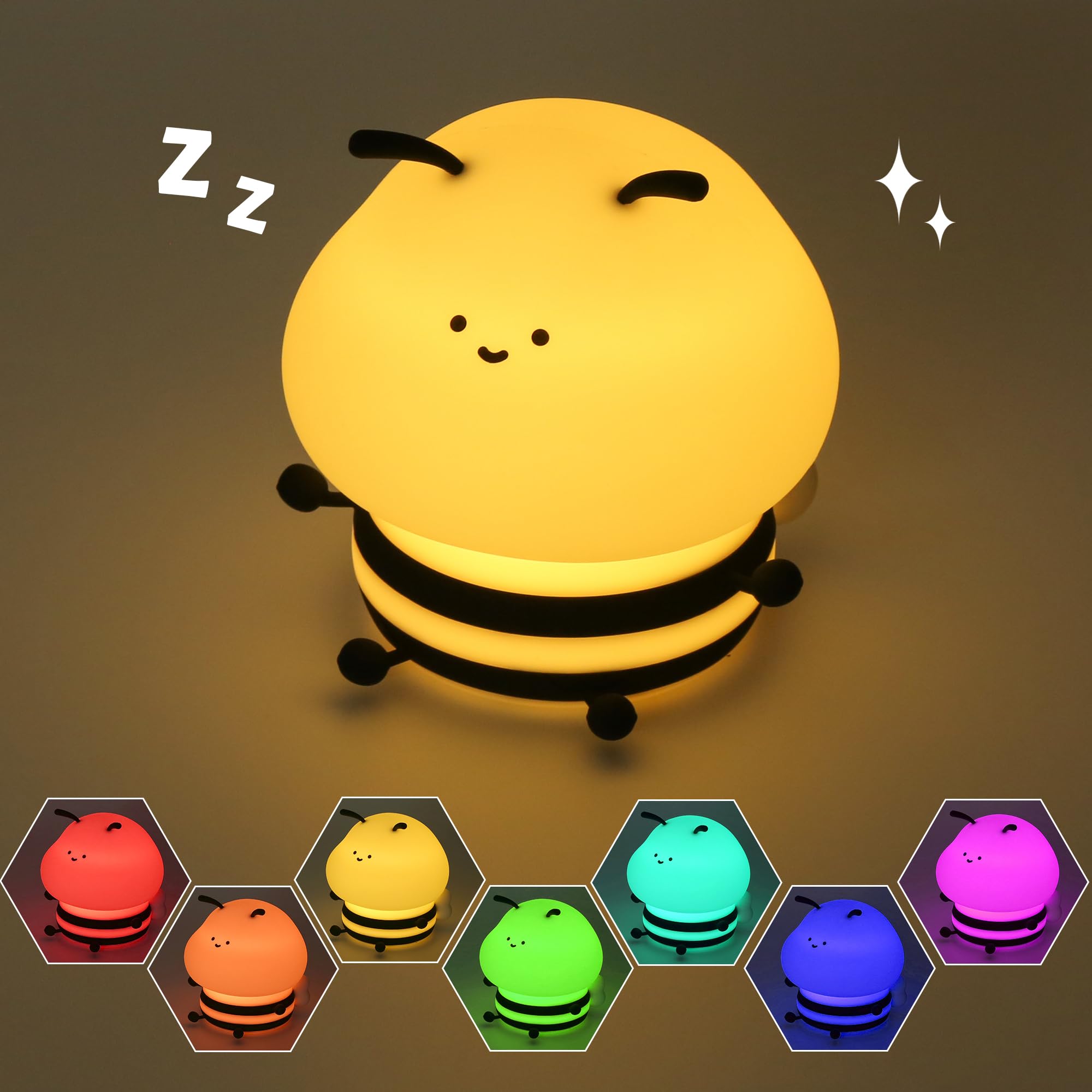 Soledun Bee Silicone Night Light - Squishy Animal LED Lamp with Dimmable Warm & RGB Color-Changing Modes, USB Rechargeable Touch