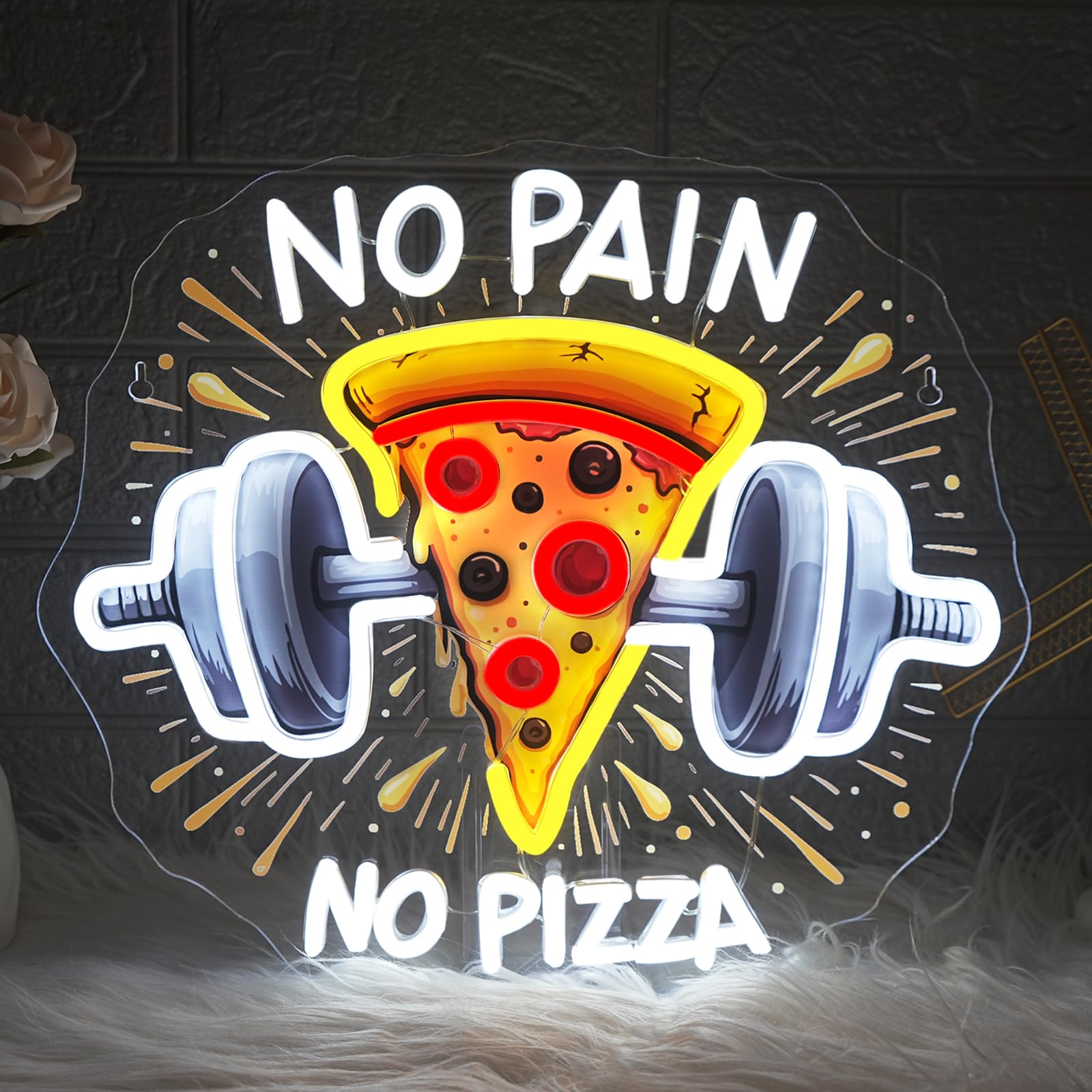 Lucunstar Gym Neon Sign No discomfort-reducing No Pizza Uv Printed Light Signs For Wall Decor Dimmable Dumbbell Barbell Led Lights Decoration Fitness Club Gift For Teens Sports Room Usb Powered 14.57 X 12.6 Inches