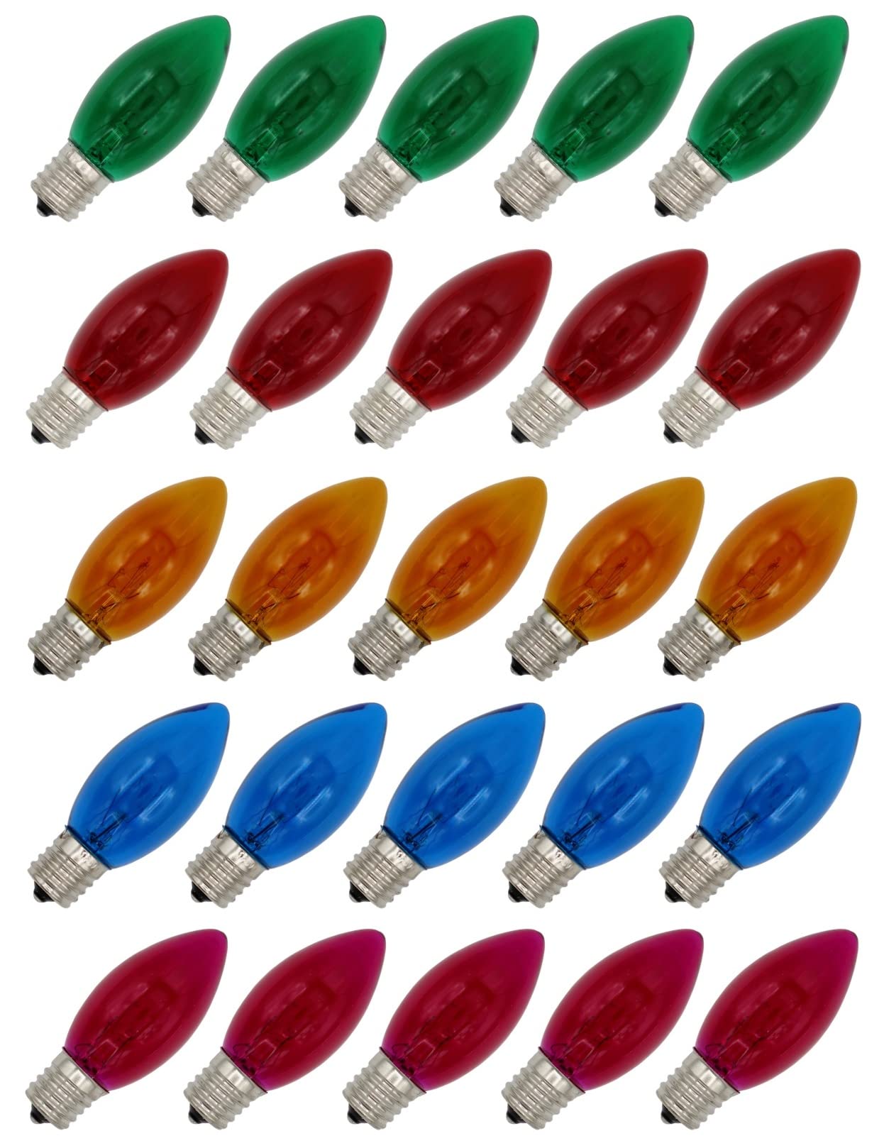 Creative Hobbies Box of 25 Random Blinking C9 Incandescent Light Bulbs - Transparent Multicolor - 7 Watt  Extended Life  Nickel Plated Candelabra Base - Great for Christmas Lights  Decorative Lights