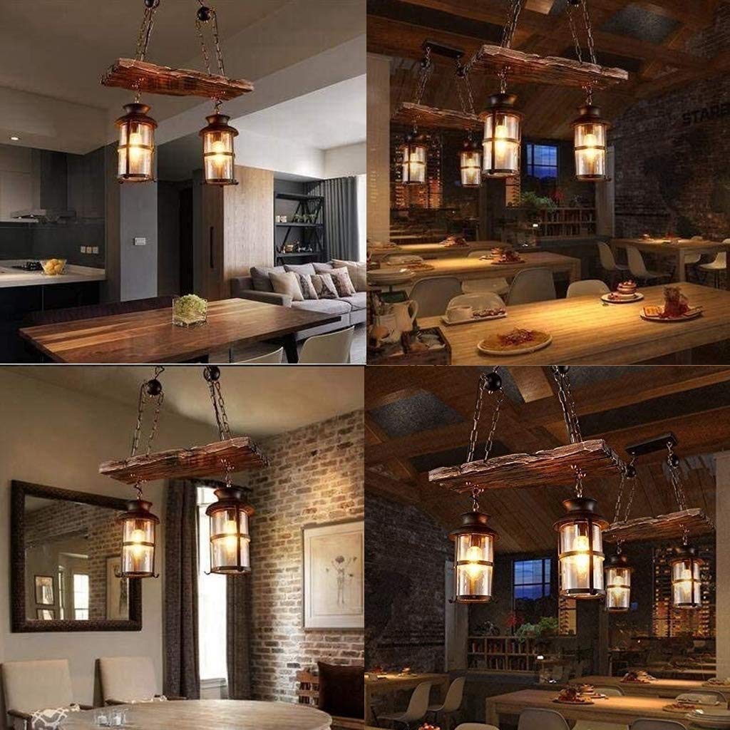 Eoyemin Wood Retro Pendant Lighting Industrial Chandelier 2 Heads Black Metal E27 Ceiling Lamp for Bedroom Restaurant Bar