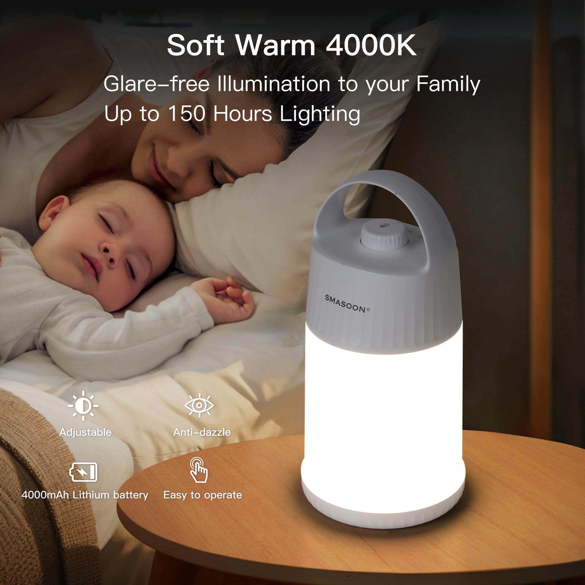 SMASOON Motion Sensor LED Night Light - Cordless Table Lamp, 4 Brightness Levels, Portable, White, Model SD-880E