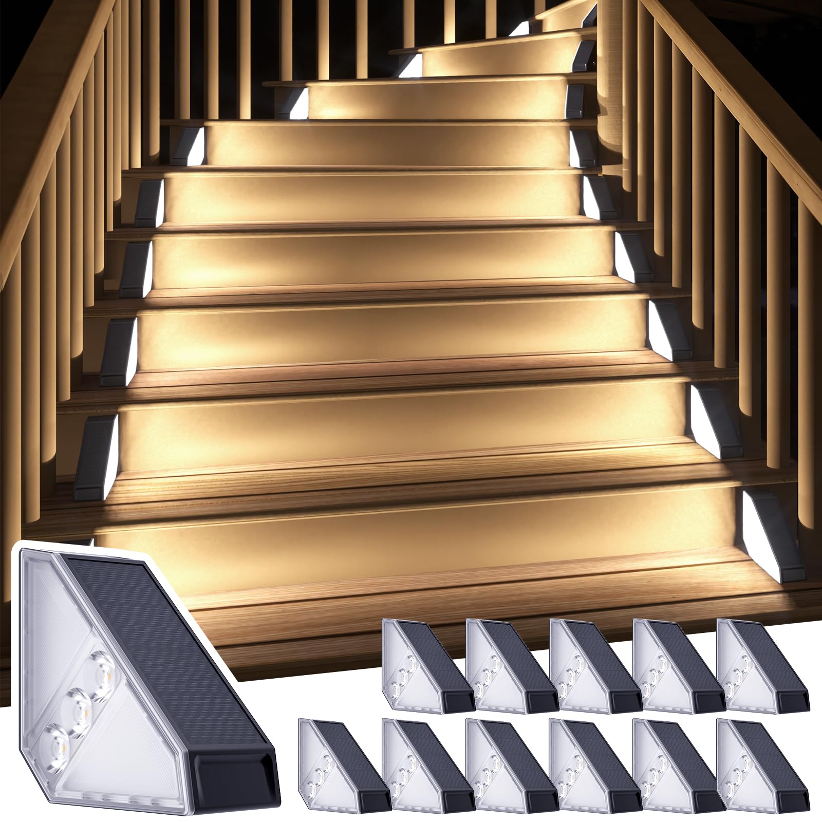 Roshwey Solar Stair Lights Outdoor Waterproof  12 Pack Solar Powered Step Lights For Outside  Triangle Deck Step Light  Outdoor Decor Lighting For Front Porch  Backyard  Patio  Cool White