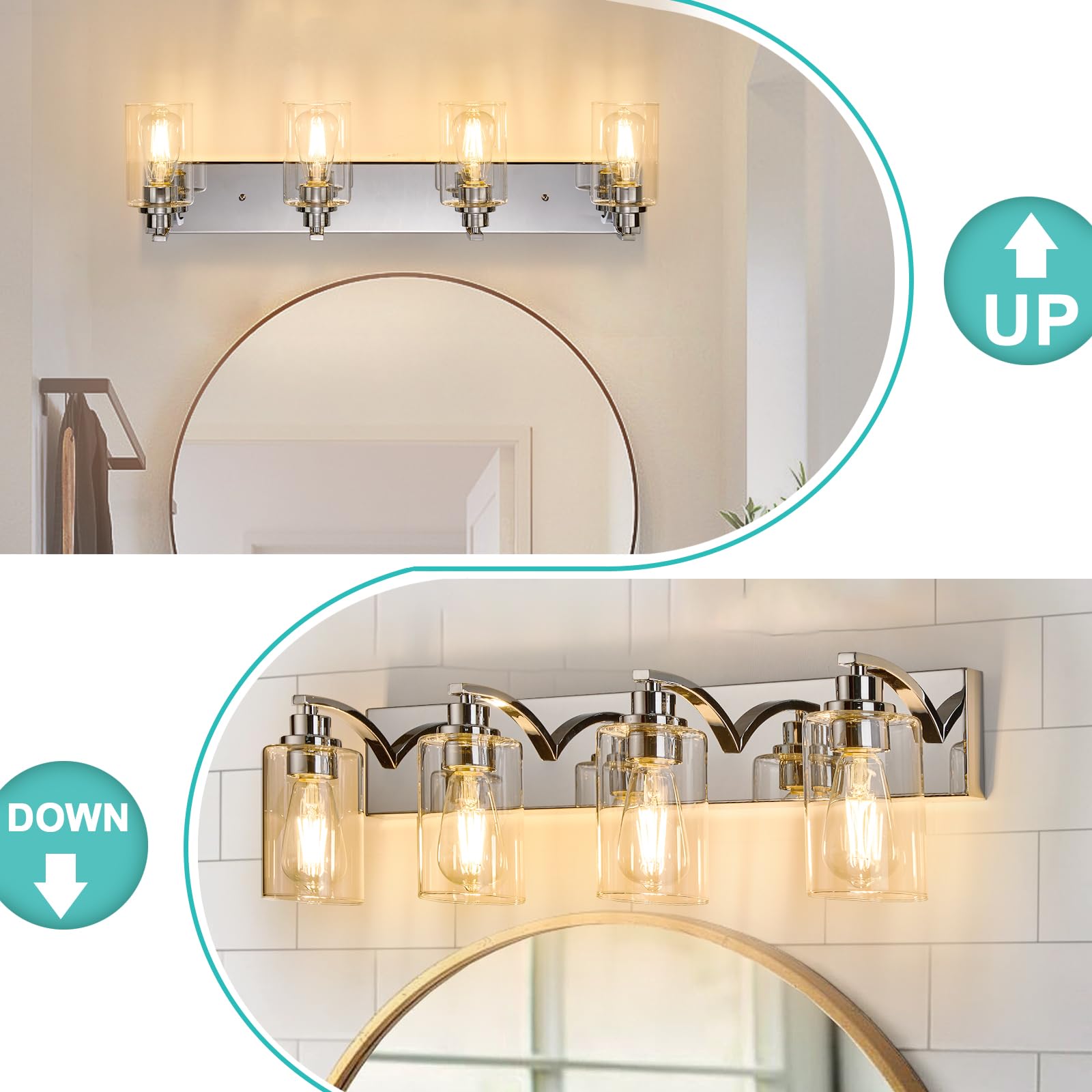 Alaislyc 4-Light Bathroom Light Fixtures Modern Chrome Vanity Lights For Bathroom Lighting Fixtures Over Mirror With Clear Glass Shade For Cabinet Mirror Bedroom Hallway
