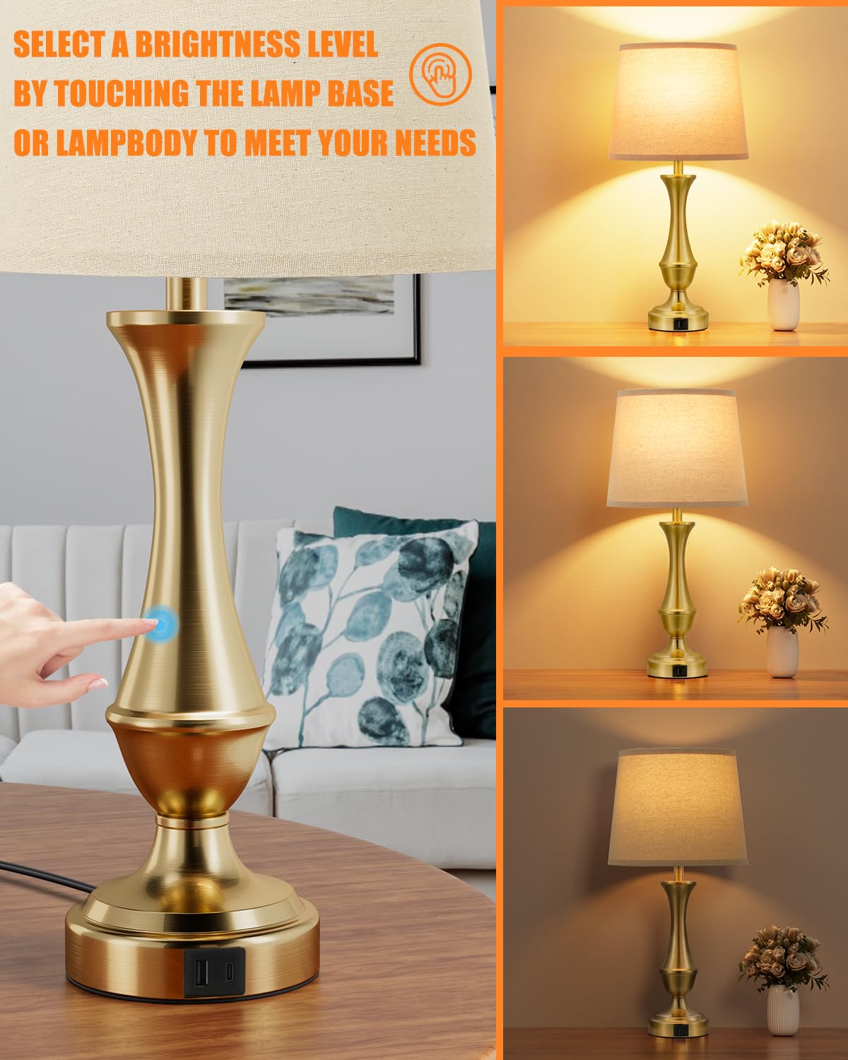 Seealle Touch Lamps Set of 2 - 3 Way Dimmable, USB C+A, Metal, Brown Shade & Gold Base, Model 040710
