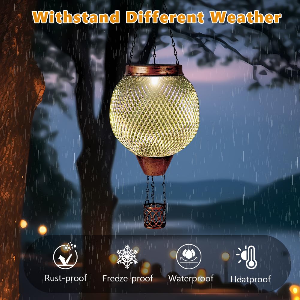 Starsoul 2 Pc Cage Hot Air Balloon Solar Lantern With Flame Glass Outdoor Hanging Hot Air Balloon Solar Light Lamp Waterproof Ga