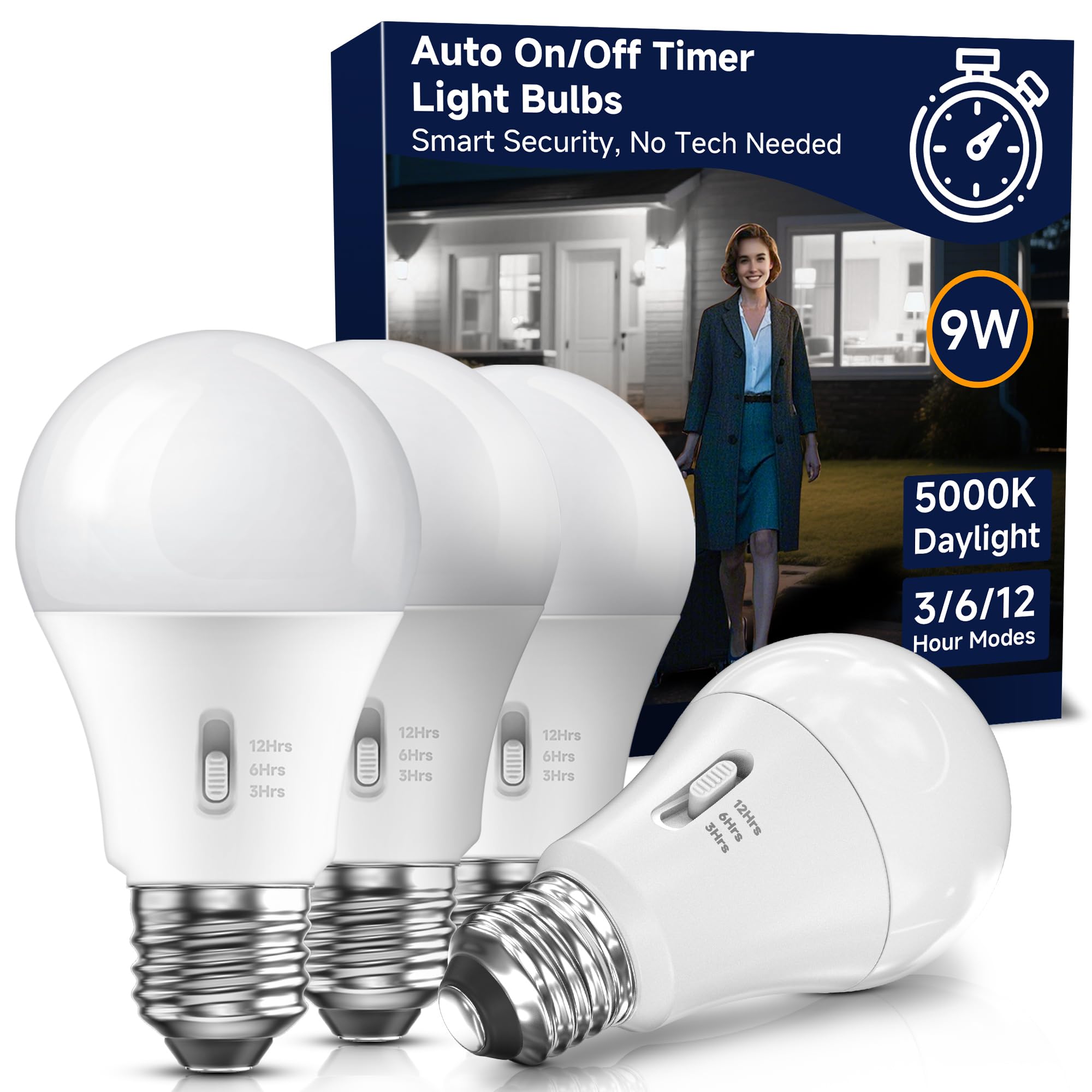 Unilamp Timer Light Bulb Indoor: 9W (60W Equivalent) Led Bulb, 5000K Daylight, Auto On/Off, A19 Light Bulb With Timer For Lamps,