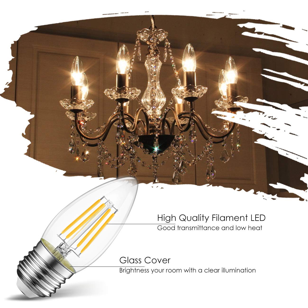 Lvwit B11 Led Filament Bulb E26 Candelabra Medium Base 2700K Warm White, Pack Of 12, 4W(60W Equivalent) 500 Lumens Non-Dimmable