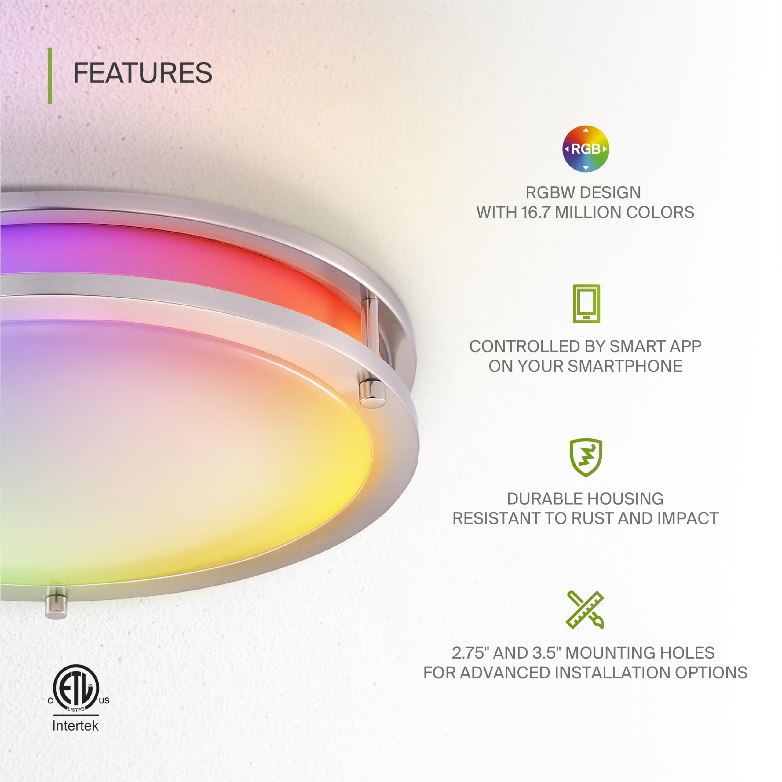 ASD LED Flush Mount Light Fixture, 14 Inch, Dimmable, RGB-2700K-6500K, Brushed Nickel, Model A-DR14D21S-RGBW