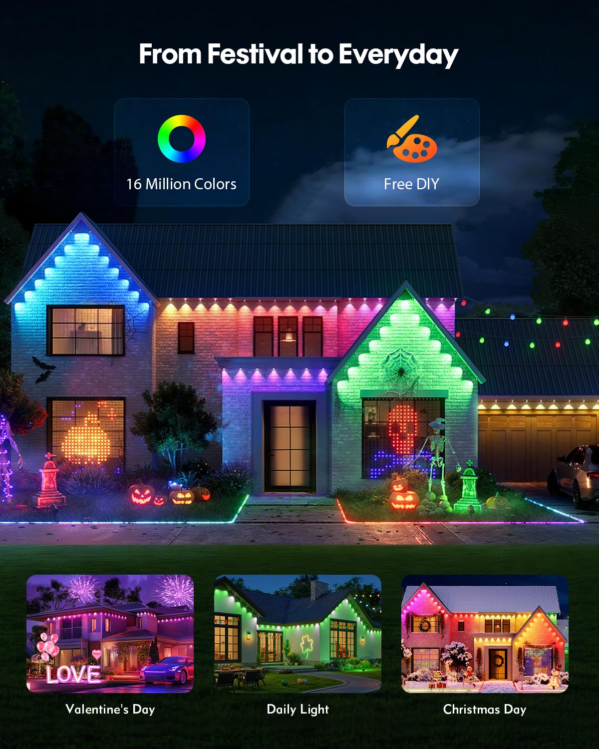 PIYOOPDR Smart RGB-IC Eave Lights, 50FT, 30LED, Waterproof, 4000K White & Multicolor, Model JG-001W-10