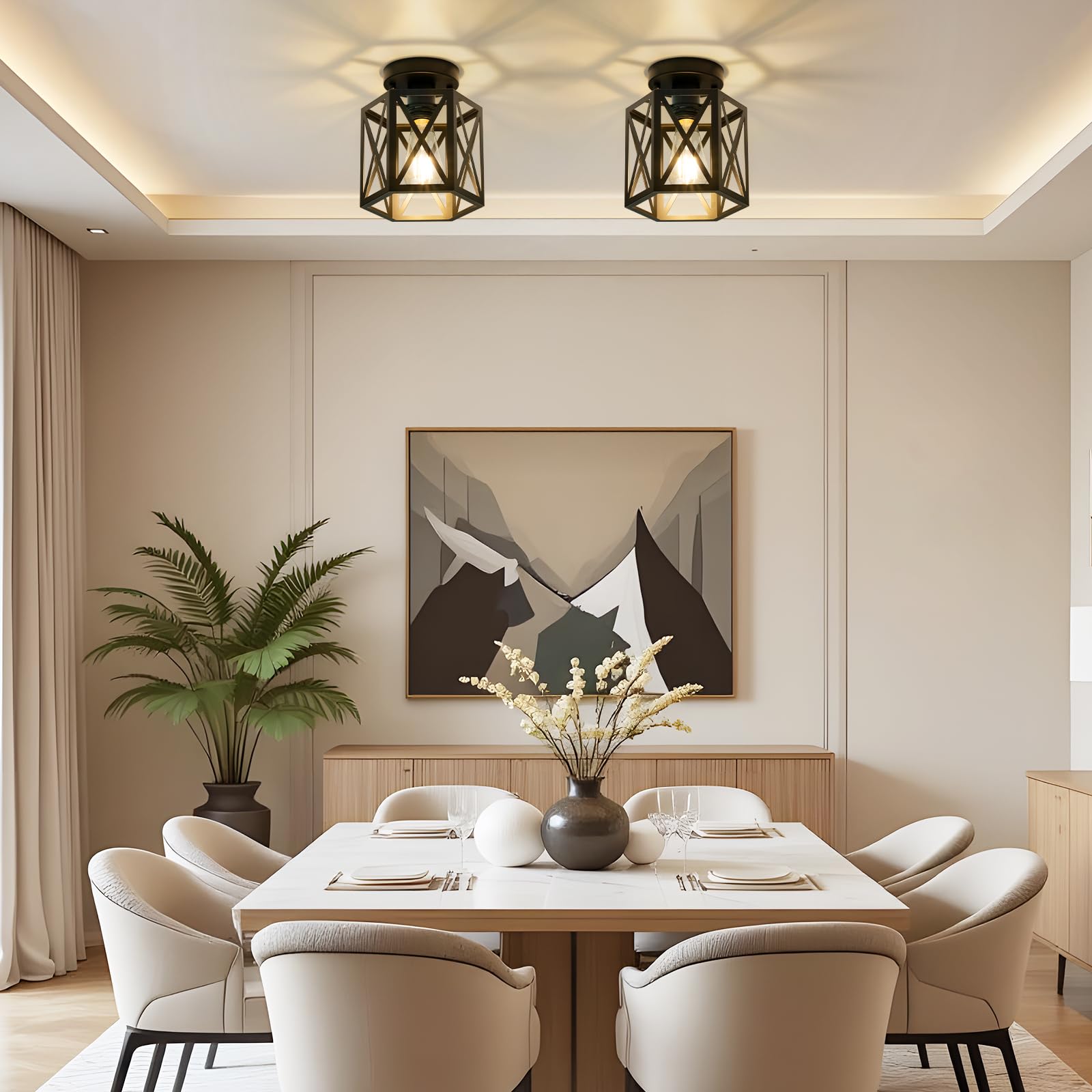 Oteedo 2 Pack Modern Semi Flush Mount Ceiling Light Hexagon Flush Mount Ceiling Lights For Dining Room Light Fixture Farmhouse Black Metal Kitchen Island Lighting Fixtures For Hallway Bathroom