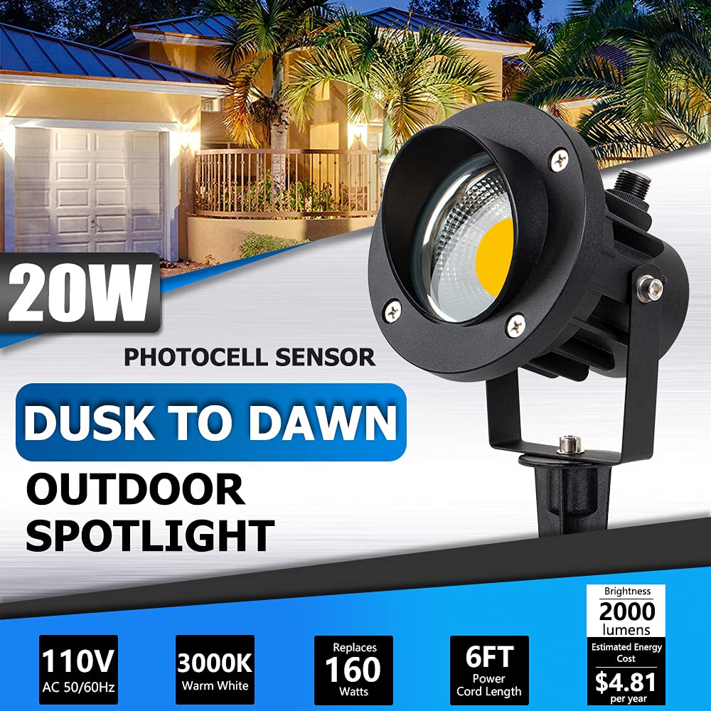 SUNVIE 20W Outdoor Landscape Spotlight - 3000K LED, Waterproof, Dusk to Dawn, 6 FT Plug, White, Aluminum, Ideal for Yard & Garden Decor