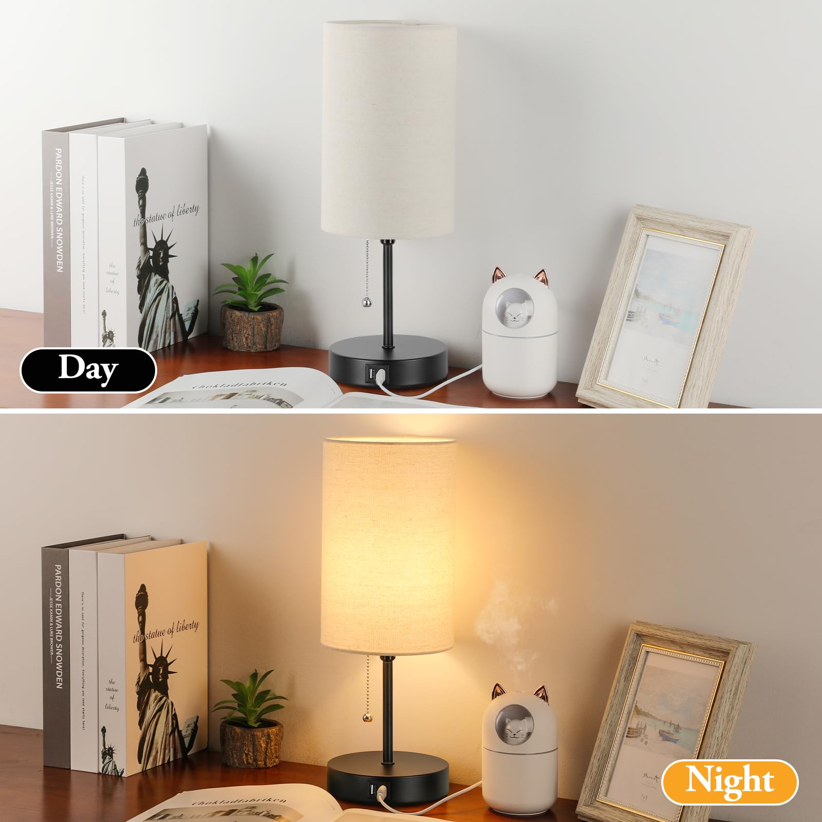 2 Sets Table Lamps With 2 Usb, Minimalist Beside Lamps For Bedroom, Nightstand Lamps With Pull Chain, Desk Lamps With Cream Fabr