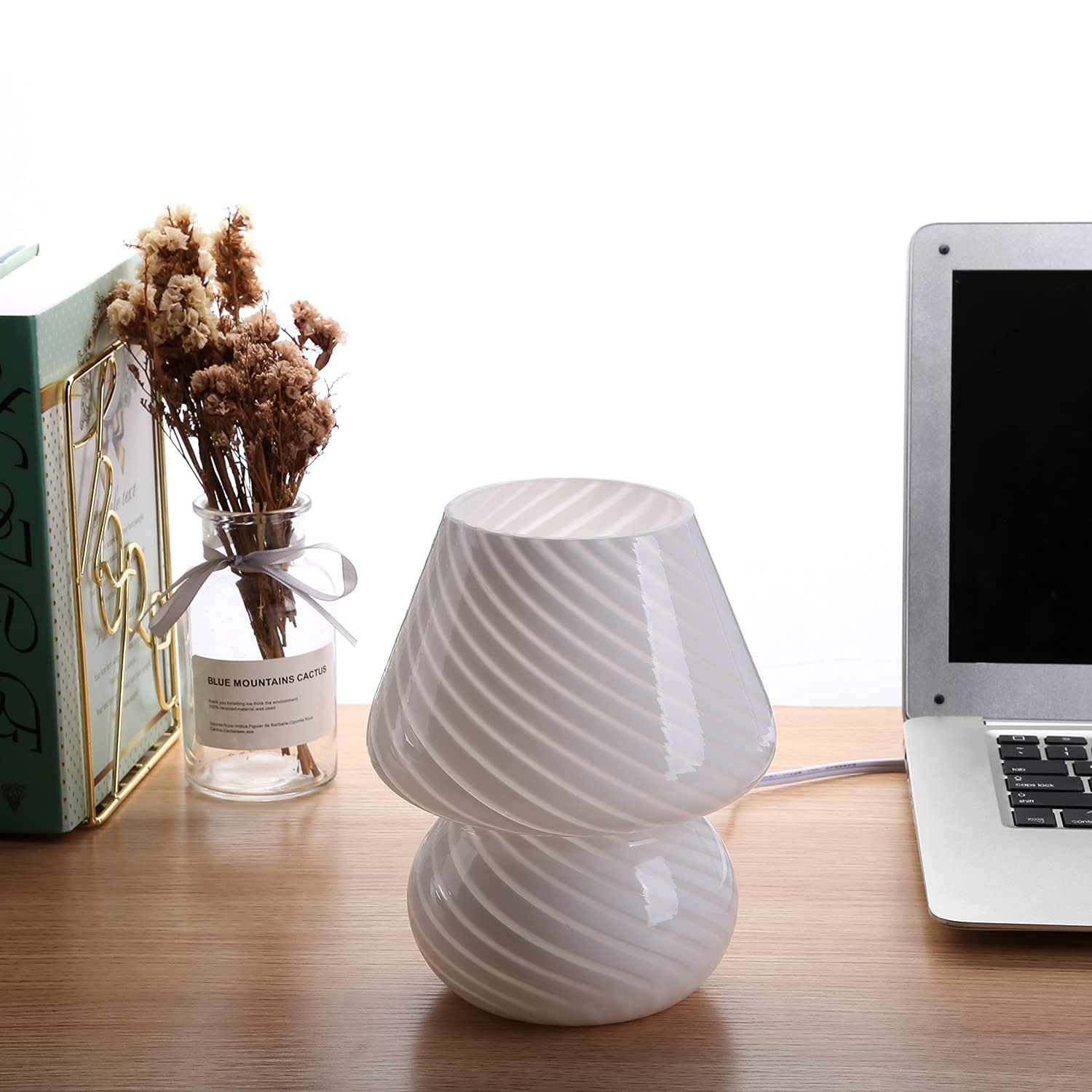 BSOD Mushroom Lamp - Glass Table Bedside Light, Cute Small Stripe White Decor for Kids & Bedroom, Model Bsod-SW-Mushroom-Lamps