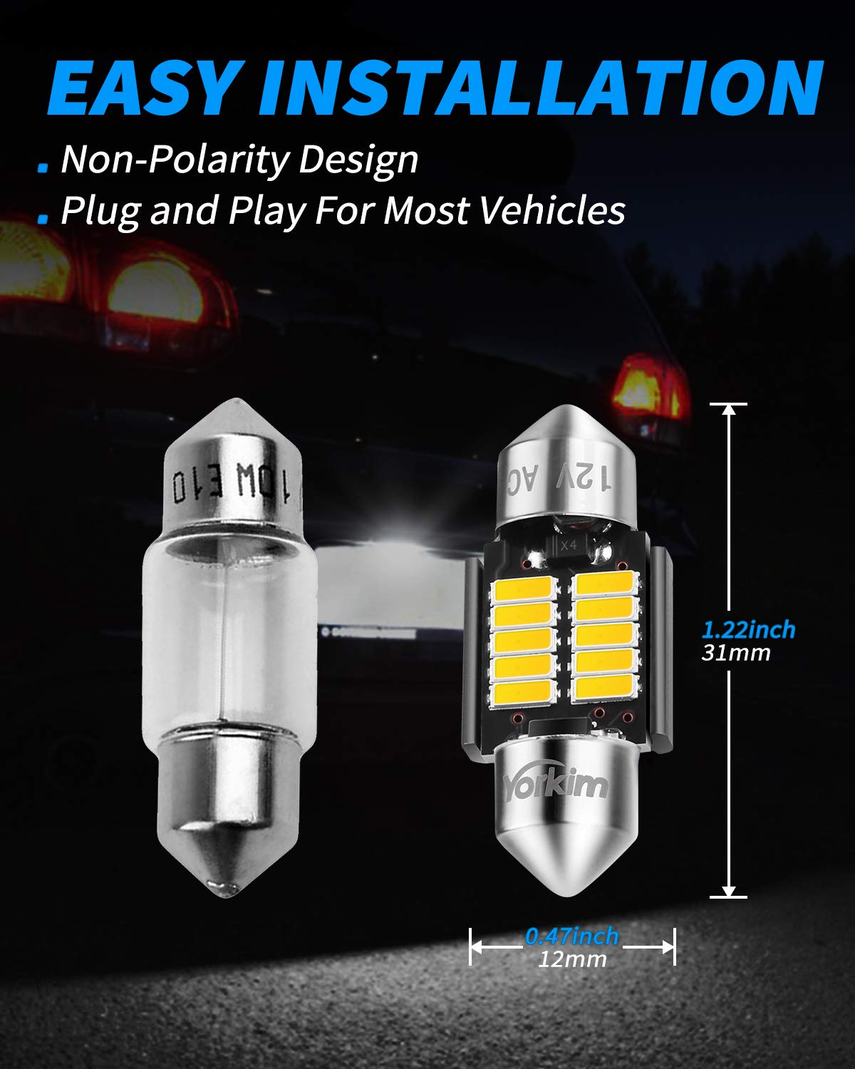 Yorkim DE3022 LED Bulb, 31mm Festoon, White, 10-SMD 4014 Chipsets, Aluminum, Pack of 4