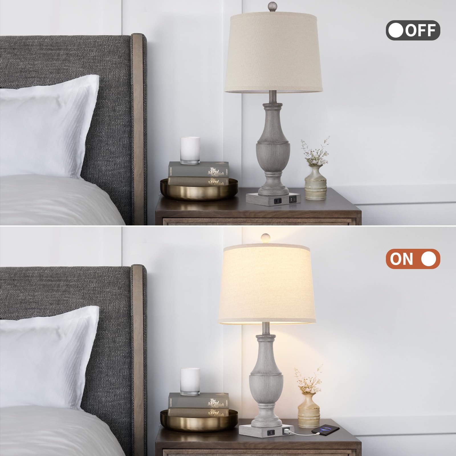 Farmhouse Table Lamps Set Of 2, Rustic 25'' Touch Control Bedside Lamps With 2 Usb Ports & Ac Outlet, Vintage 3-Way Dimmable Nig