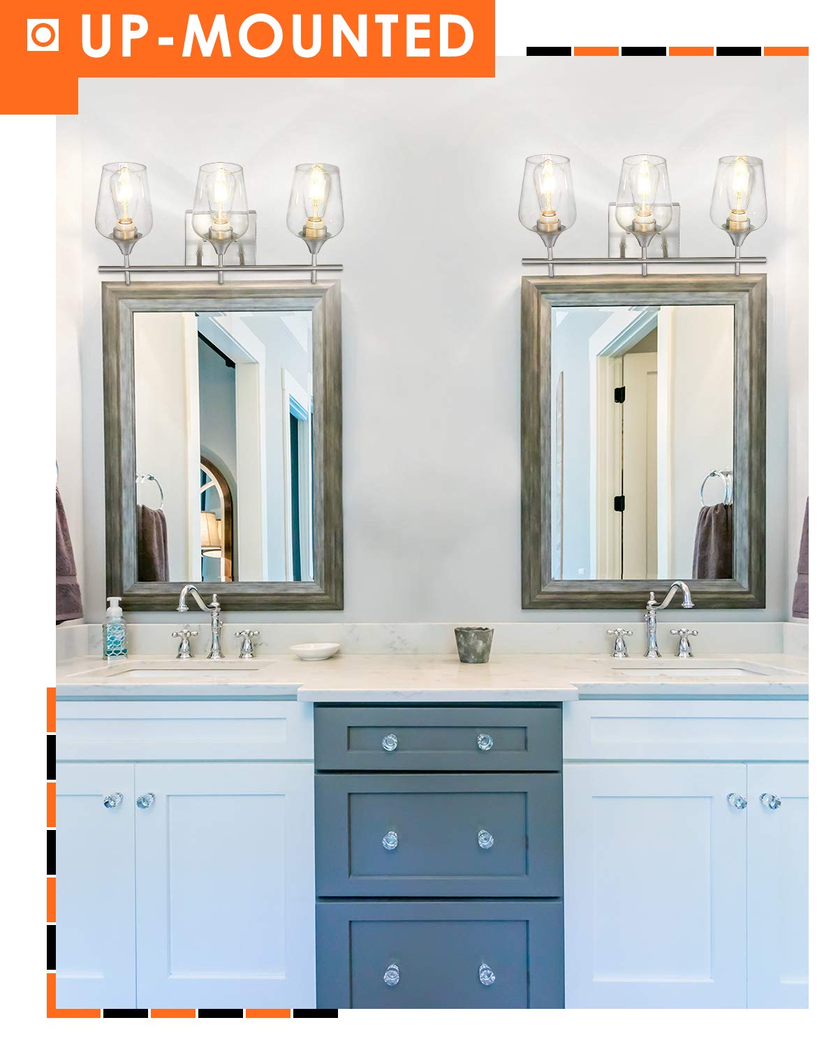 Osimir 3-Light Bathroom Vanity Light Fixtures, Brushed Nickel, Metal, Modern Farmhouse Sconces, Clear Glass Shade, Model WL9167
