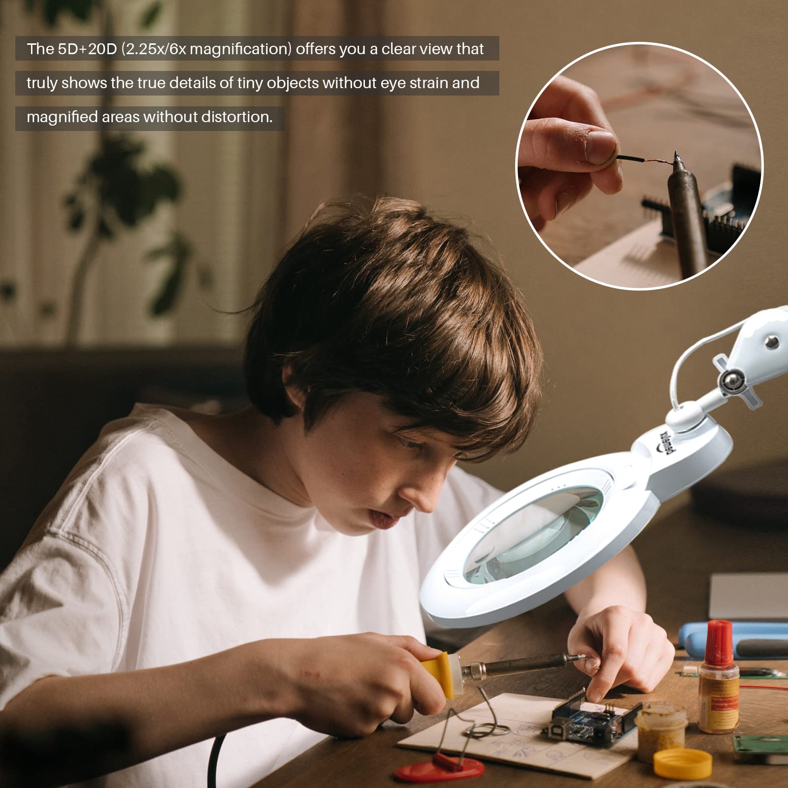 bemelux Bifocals Magnifying Desk Lamp with Clamp, 5 Diopter with 20 Diopter, 6 Inch Detachable Lens and 120PCS LEDs, 3 Color Mod