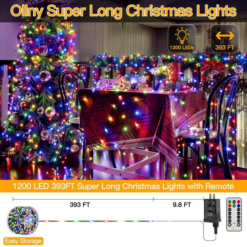 Ollny 393Ft 1200 Led Christmas Lights - Ip67 Waterproof Multicolor String Lights With Remote Timer For Indoor/Outdoor Decorations