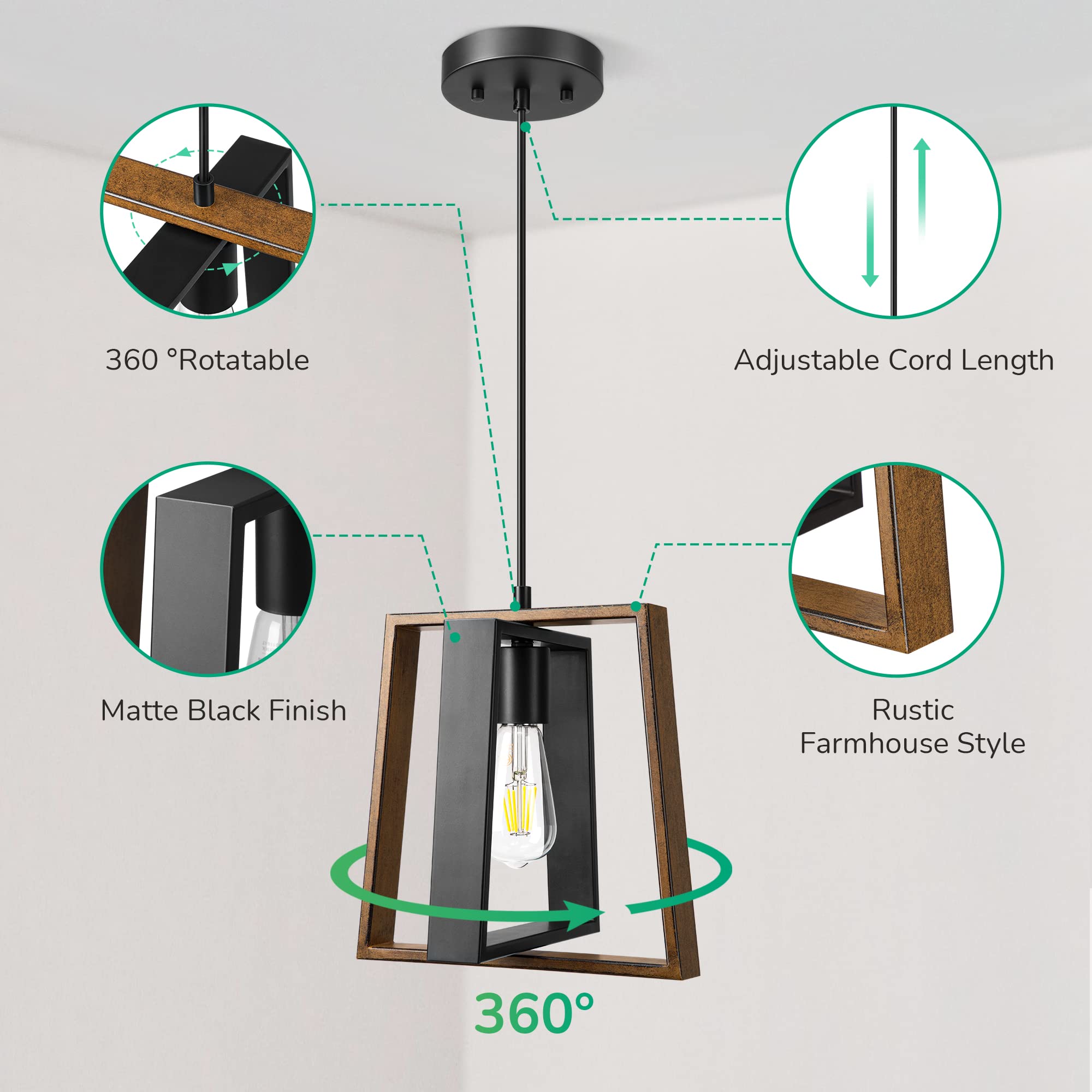 EDISHINE Island Lights for Kitchen, Black Kitchen Island Lighting with Wood Grain Finish, Adjustable Farmhouse Pendant Lights fo