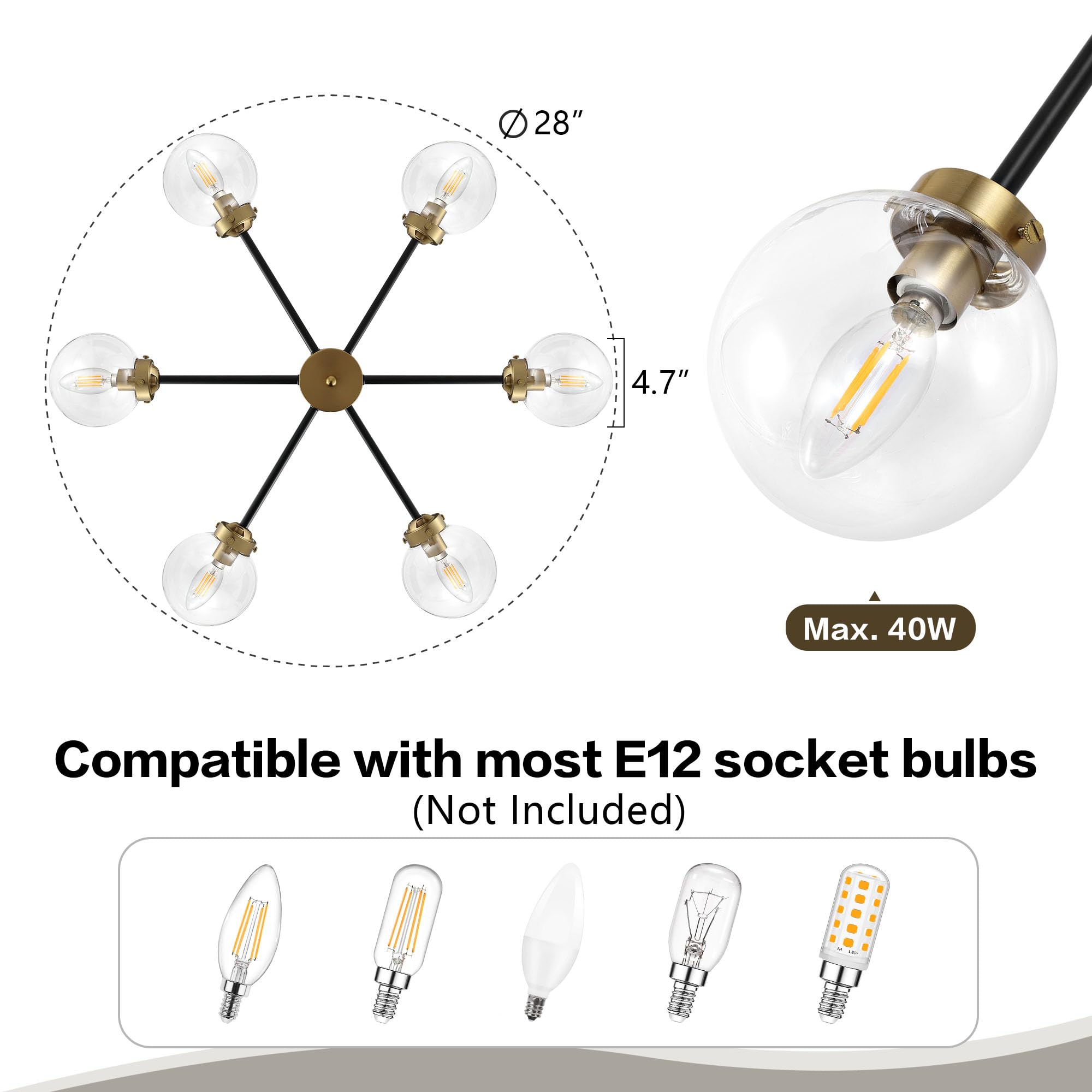 Wingbo 6-Light Sputnik Chandelier, Modern Pendant Light Fixture With 4.7" Clear Glass Globe Shade For Flat And Slop Ceiling, Height Adjustable For Kitchen Living Room Dining Room Bedroom, Black