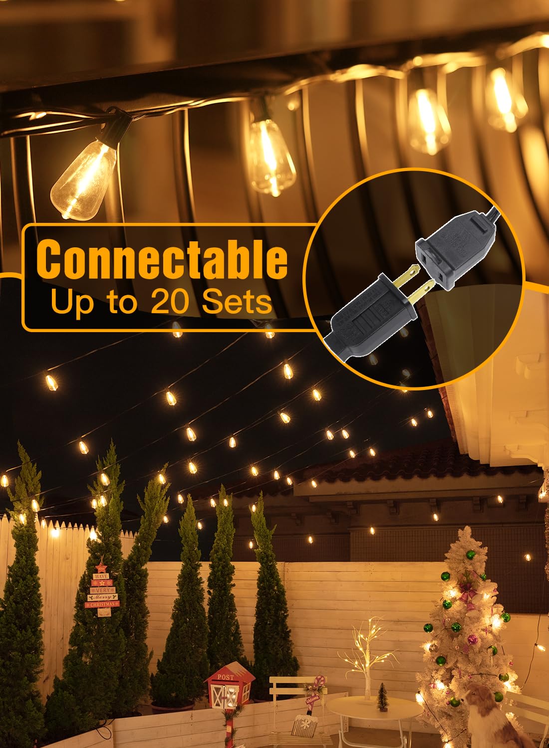 Ollny 50Ft Outdoor String Lights, Shatterproof Connectable Patio Lights With 25+2 Spare St38 Vintage Bulbs, 2200K Warm White Wat