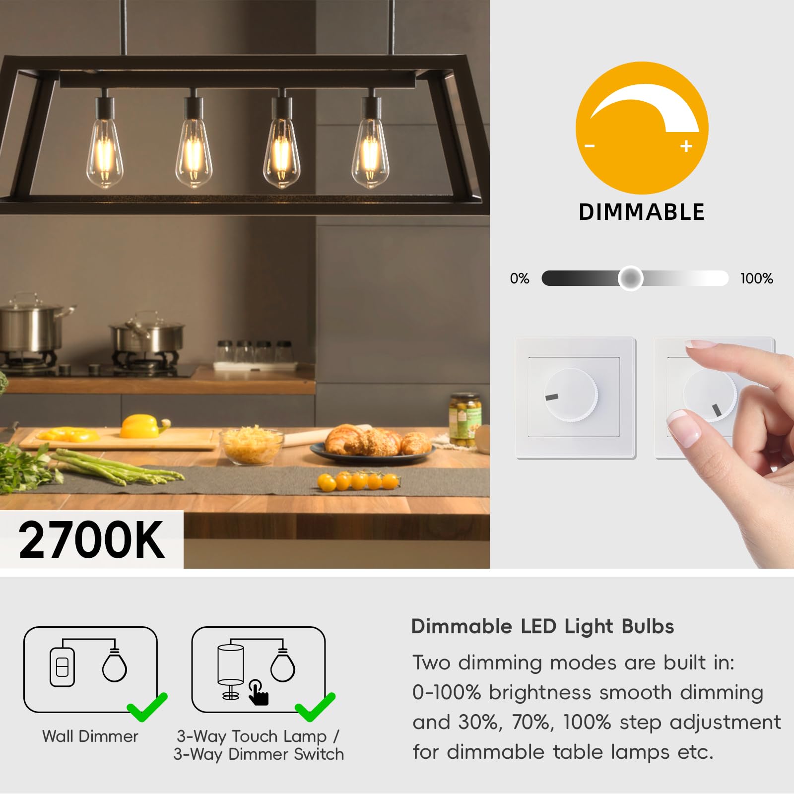 Jensense Edison LED Dimmable Light Bulbs 7W 3000K Warm White 6 Pack ST58 E26 Screw Base, 800 Lumen, CRI90+