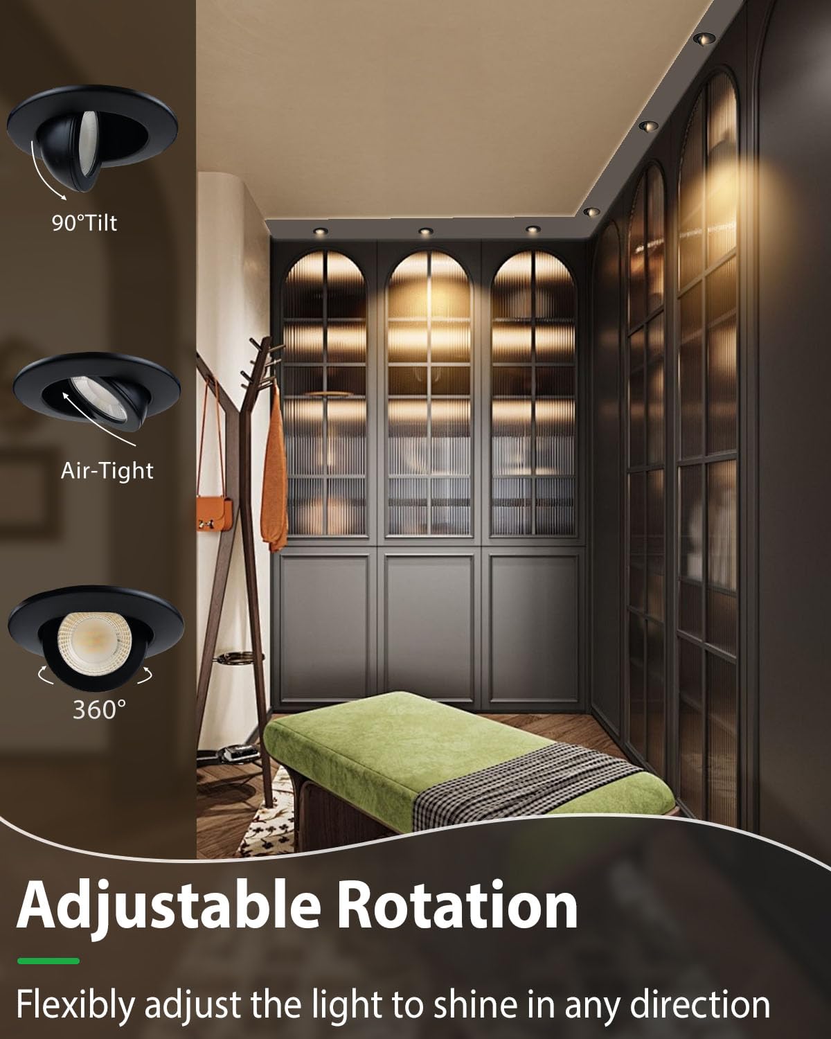 Zouzai 2 Inch 5Cct Gimbal Black Led Recessed Lighting With Junction Box  360+90 Adjustable Led Recessed Lights  2700K/3000K/3500K/4000K/5000K  5W Eqv 50W  550Lm Brightness - Etl (Black  1 Pack)