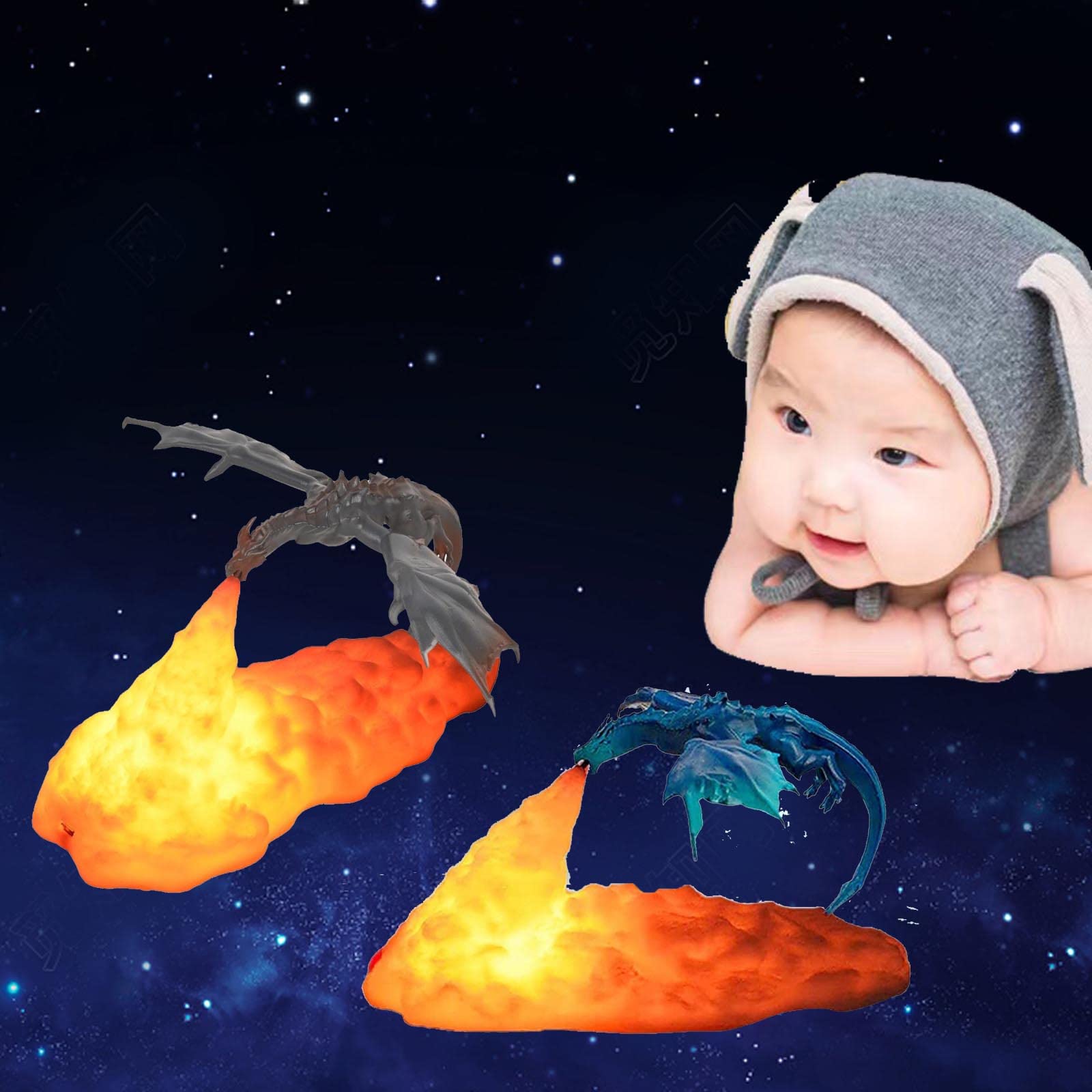 Hgomx Fire Dragon Lamp Light, 3D Printed Night Light Led Moon Light Gift Bedroom Room With Usb Rechargeable (2Pcs,Ice Dragon+Ora
