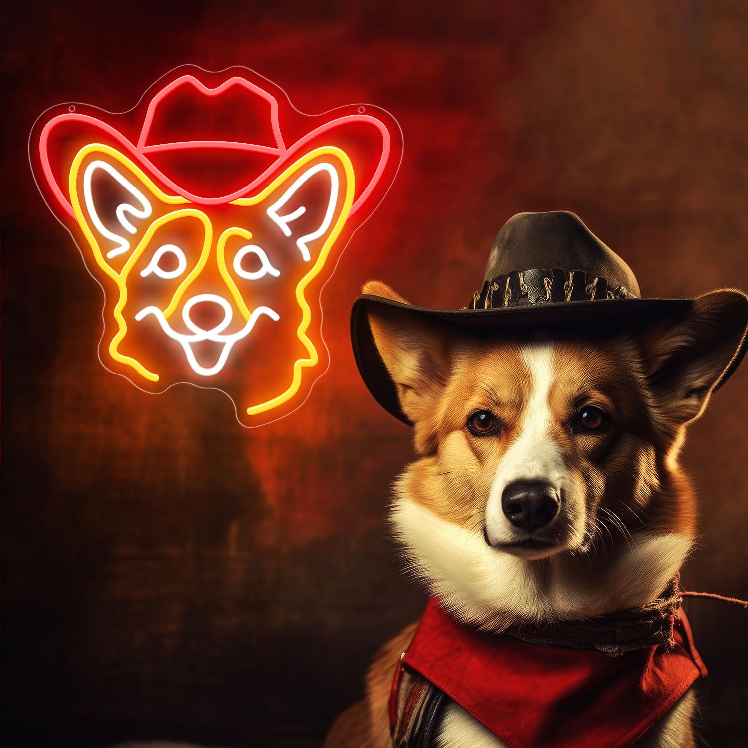 ZLOOREE Corgi Neon Sign, Dimmable LED Light for Wall Decor, 13x12.6 inches, Gold/Red/White, Model ZLOOREE